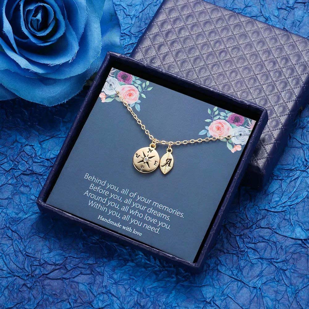 MONOOC Personalized Compass Necklace with Leaf Initial - Class of 2024 Graduation Gift for Her, High School & College Graduate Jewelry - Perfect for Commencement Ceremonies & Graduation Parties
