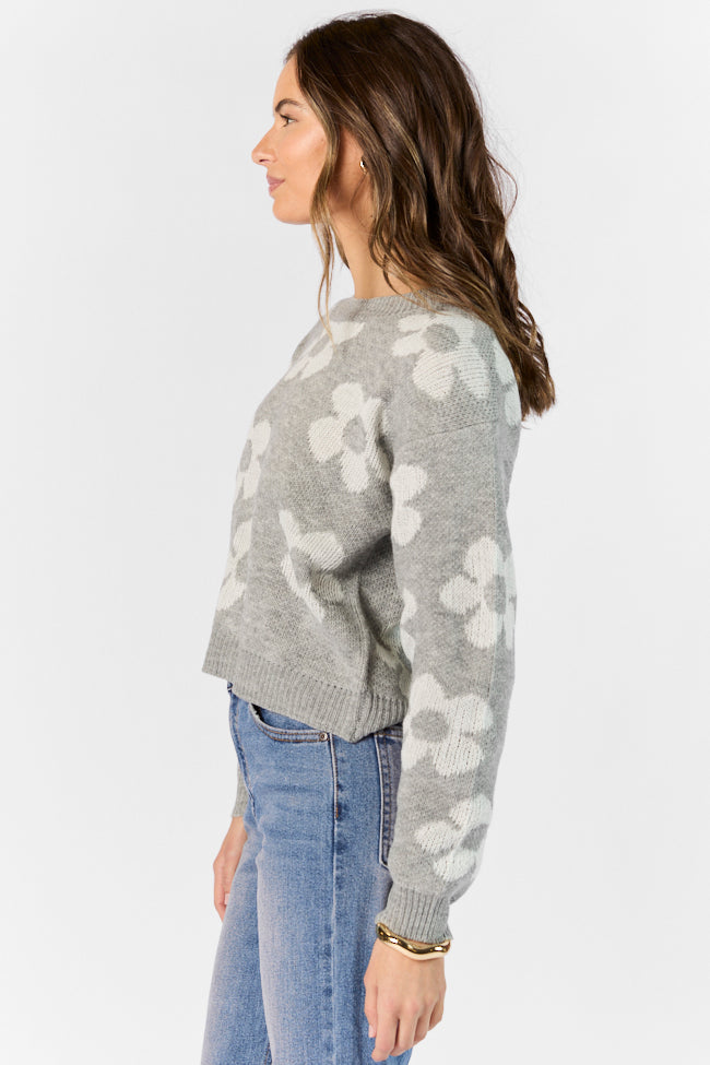 Heather Grey Floral Knit Sweater for Women - Cozy Fall & Winter Pullover - Perfect for Casual Outings & Layering