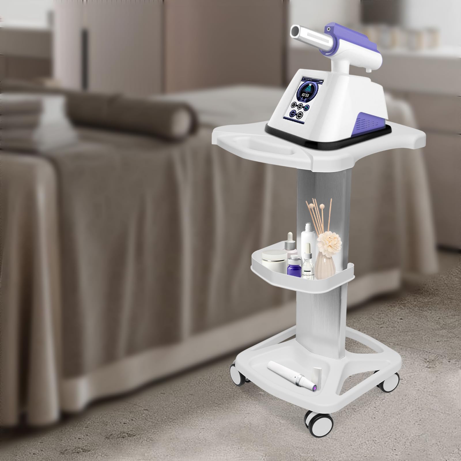 Professional Salon Trolley Cart - Aluminum Mobile Rolling Stand for Ultrasonic Cavitation, RF Machines & Spa Equipment | Medical Grade Manicure Shelf with Wheels (White) | Perfect for Beauty Salons, Spas & Home Use