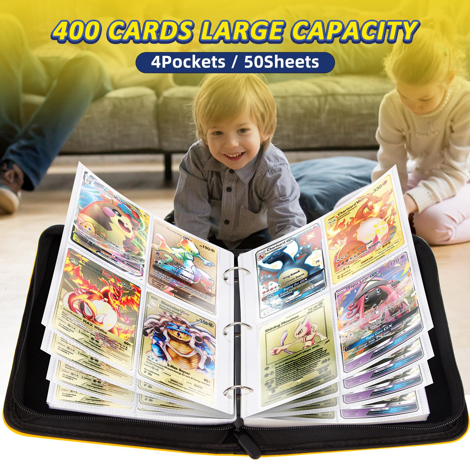 400-Pocket Trading Card Binder with 50 Removable Pages & Zippered Case - Premium Collector Album for Sports, Pokemon, MTG Cards - Perfect for Organizing & Protecting Collectible Cards (Yellow) - Great for Travel, Tournaments & Display Storage