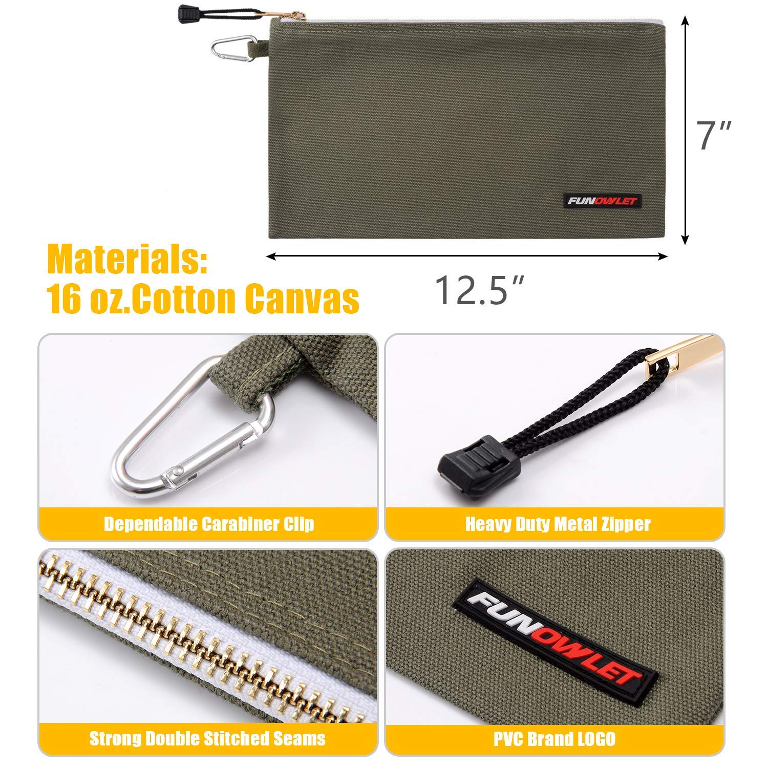 8 Pack Heavy Duty Canvas Tool Bag with Zipper & Carabiner - Multi-Purpose Utility Pouch for Tools, DIY Supplies & Outdoor Gear - Perfect for Construction, Camping & Home Organization