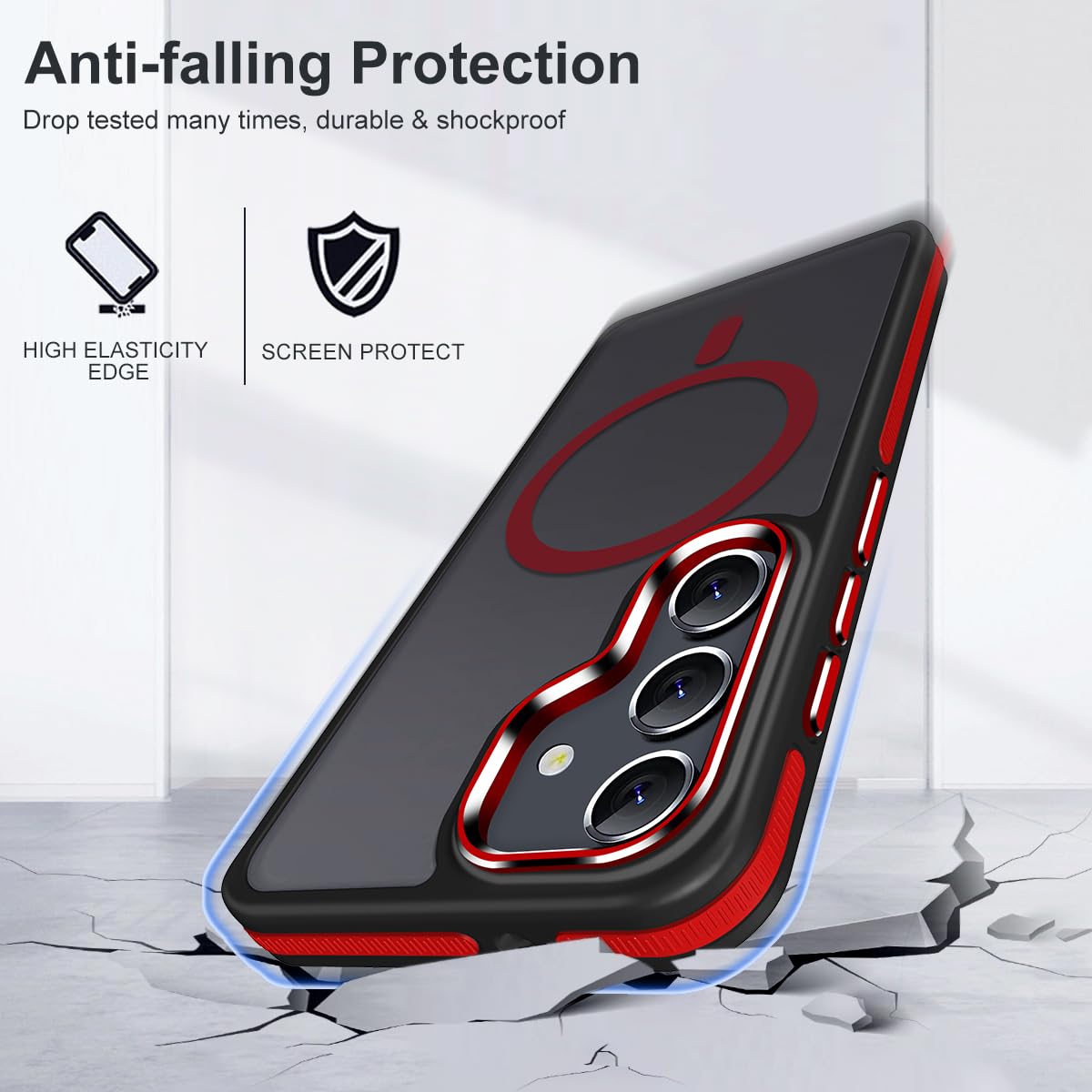 Magnetic Shockproof Phone Case for Samsung Galaxy S23 FE - Dual Color (Black/Red) Translucent Magsafe Compatible Case with Anti-Slip Strip | Perfect for Workout, Travel & Everyday Protection