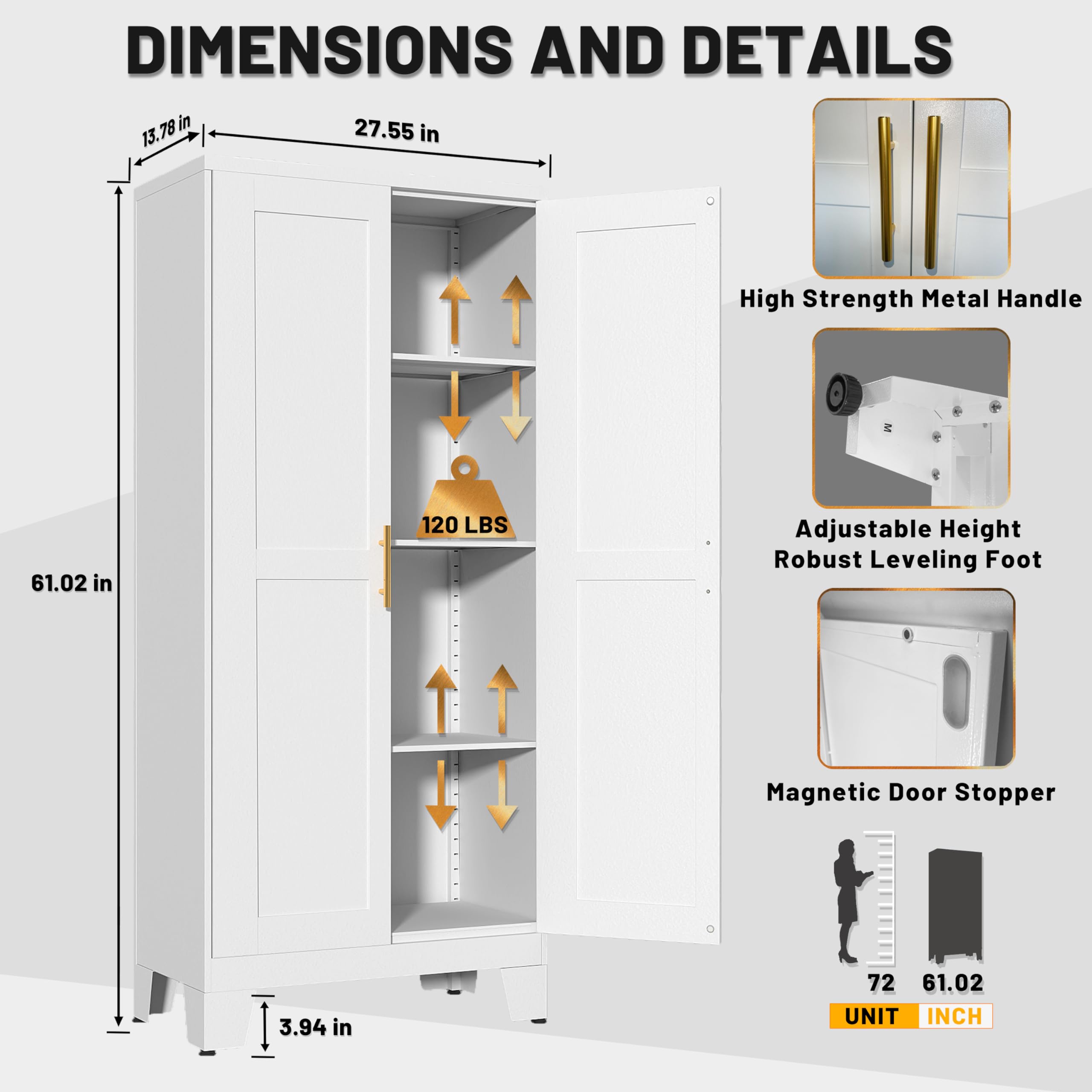 White Metal Kitchen Storage Cabinet with Doors & Adjustable Shelves - 61
