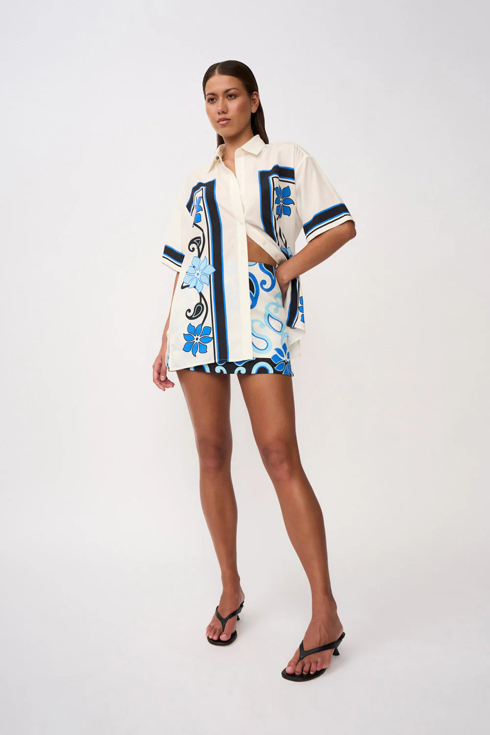 Azure Granada Flower Shirt for Women - Aqua, Navy, Ivory Floral Print Blouse - Perfect for Casual Wear, Office, and Summer Outfits