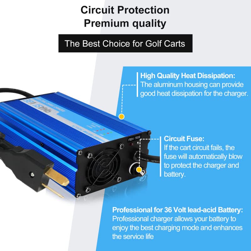 36V 12A Smart Golf Cart Battery Charger for Yamaha EZGO Club Car - Lead-Acid Battery Charger with Trickle Charge & Crowfoot Plug - Perfect for Home, Golf Course, and RV Use