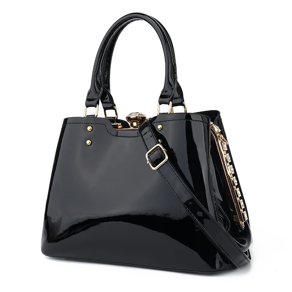 Stylish Black Patent Leather Satchel Handbag for Women - Top Handle with Kiss Lock, Shoulder & Crossbody Bag - Perfect for Work, Travel & Everyday Use