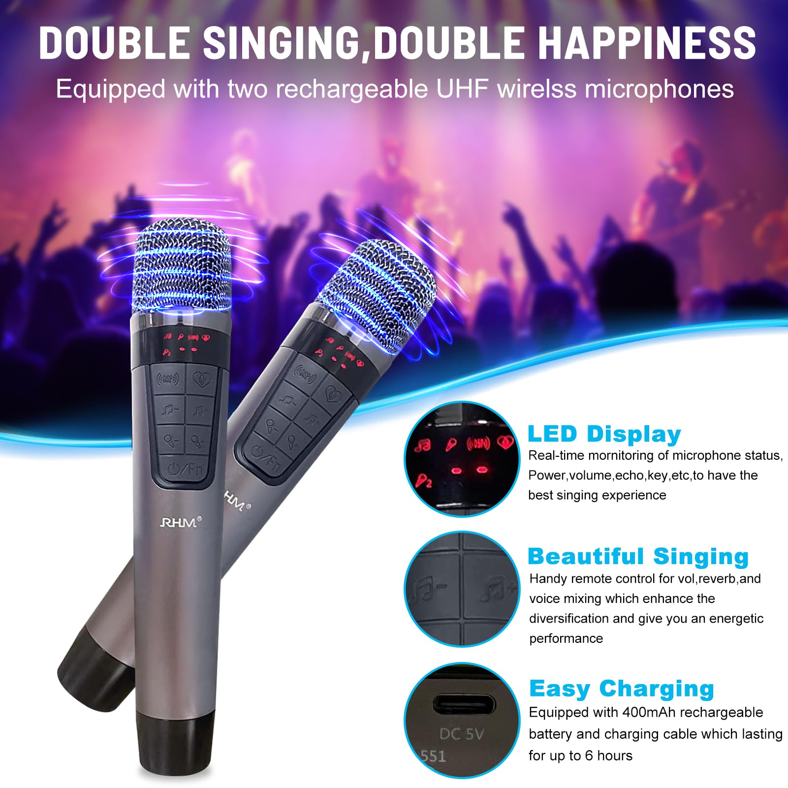 RHM K666 Portable Karaoke Machine with Rich Bass & Powerful Sound - 2 Wireless Mics, Rechargeable Battery (8H Playtime), Bluetooth/AUX/USB/PC Connectivity - Perfect for Home Parties, Weddings, Outdoor Picnics & Camping Entertainment