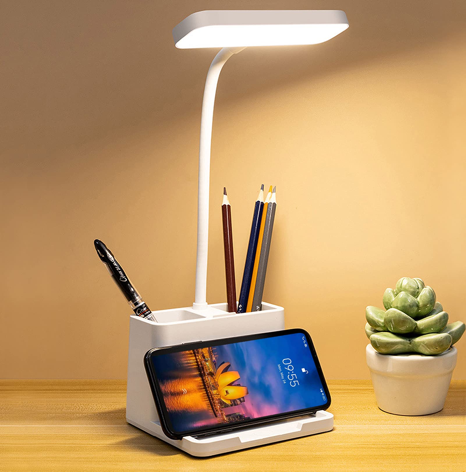 USB Rechargeable LED Desk Lamp with Flexible Gooseneck - 3 Color Modes & Stepless Dimming, Eye-Caring Study Light with Pen & Phone Holder for Home & Office - Perfect for Reading, Working, and Nighttime Studying