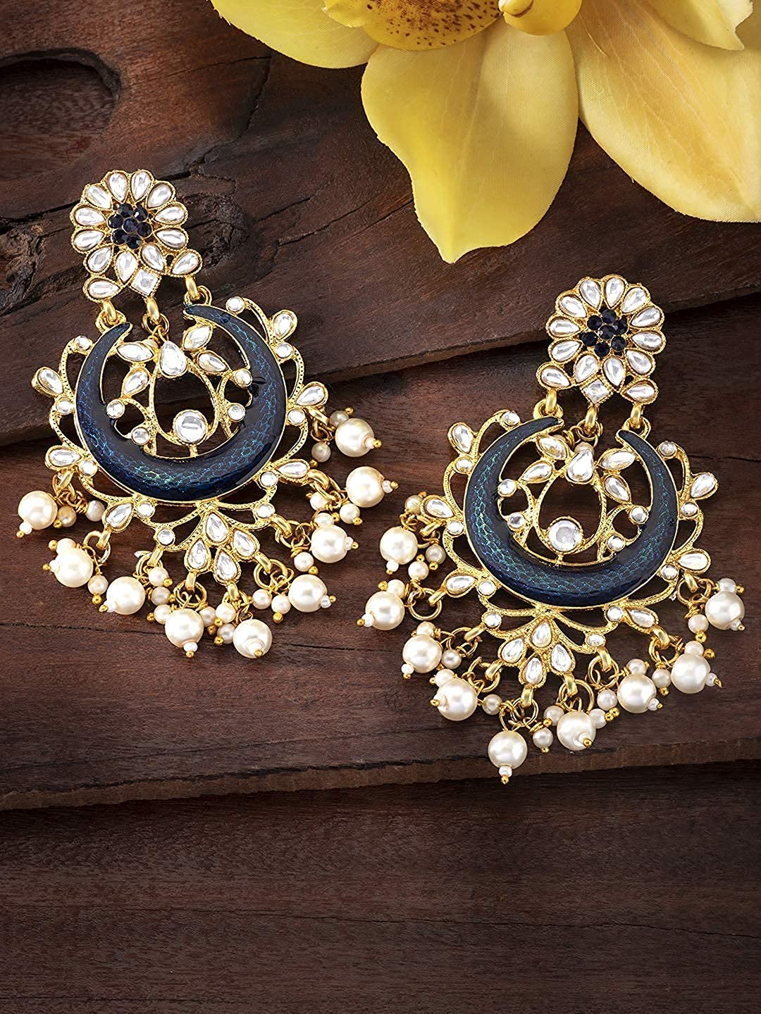 Exquisite Handcrafted Gold Plated Indian Wedding Earrings – Blue Meenakari Kundan & Pearl Bridal Jewelry for Bollywood & Traditional Occasions (E2794) | Perfect for Weddings, Festivals, Cultural Events & Special Celebrations