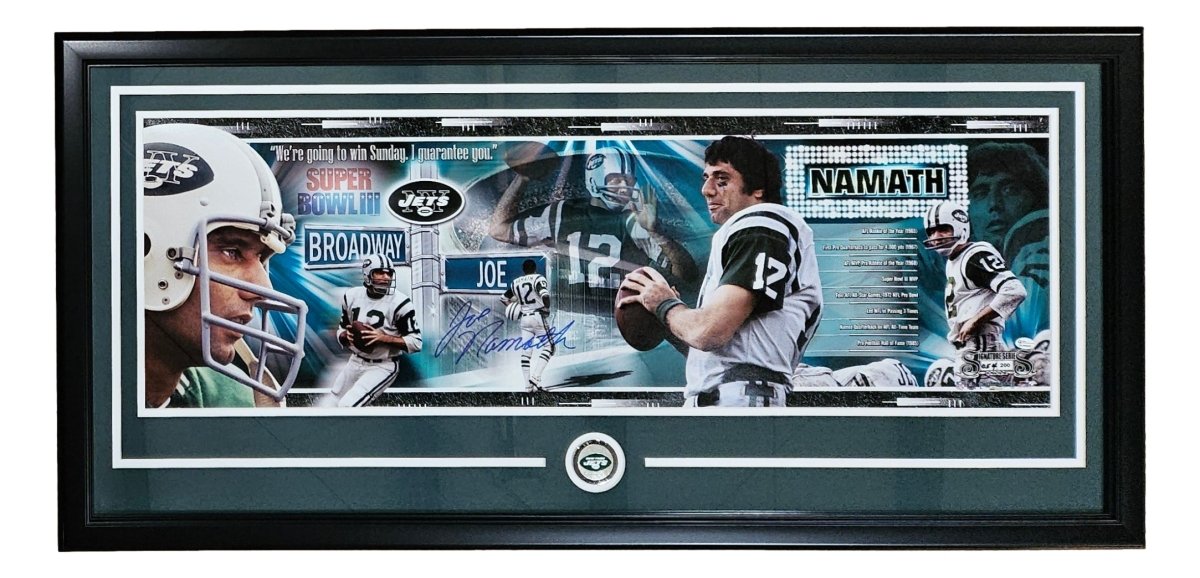 Joe Namath Autographed Framed 12x36 New York Jets Panoramic Photo - Certified Authentic Collectible for Sports Memorabilia Displays & Man Cave Decor