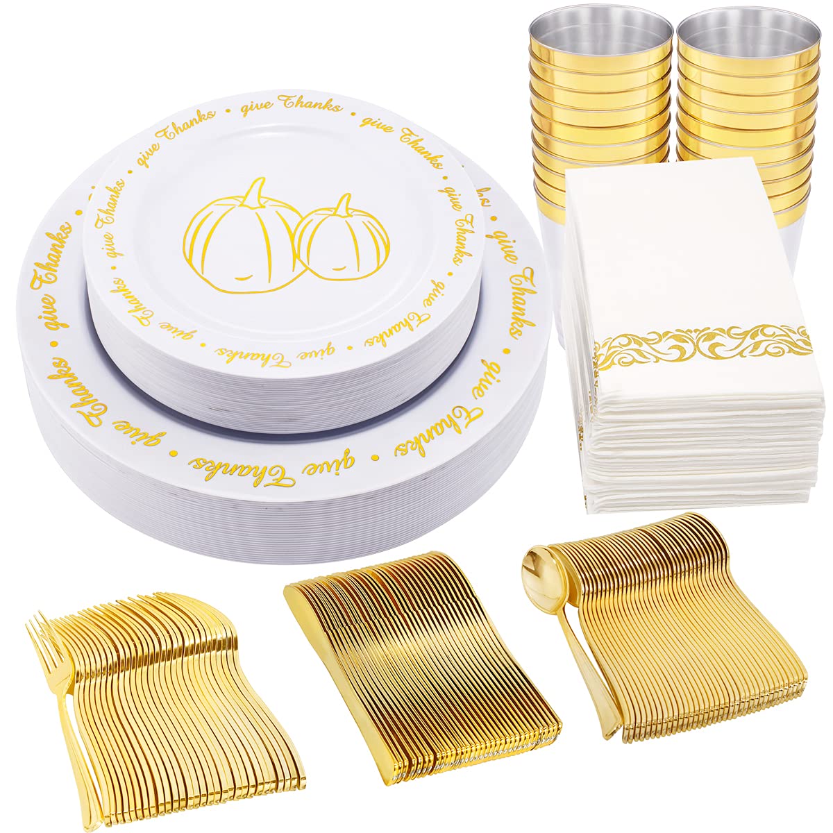 200-Piece Thanksgiving Dinnerware Set - Gold Plastic Plates, Silverware, Cups & Napkins for Fall Parties | Elegant Disposable Tableware for Thanksgiving Feast, Holiday Gatherings & Autumn Celebrations