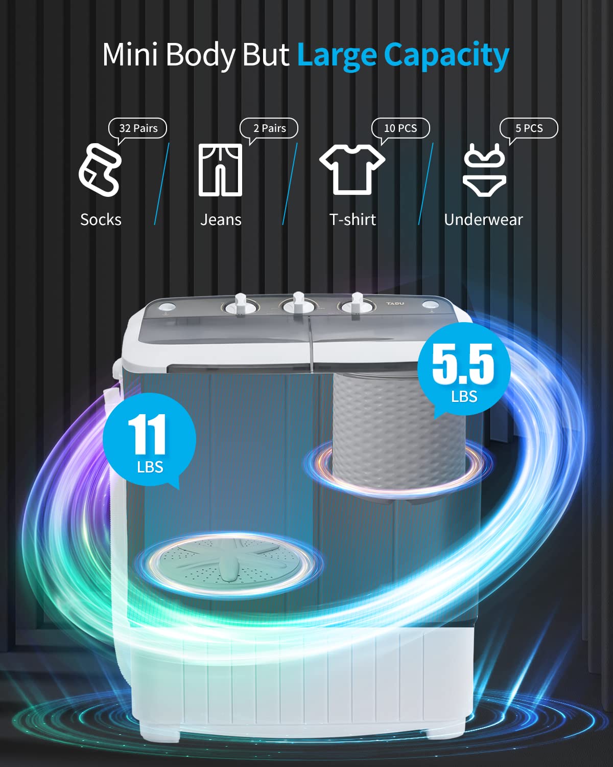 Portable Washing Machine 16.5LBS - Compact Twin Tub Mini Washer & Dryer Combo with Wash & Spin Cycle - Perfect for Apartments, Dorms, RVs, Camping & Travel - Space Saving Laundry Solution for Small Spaces