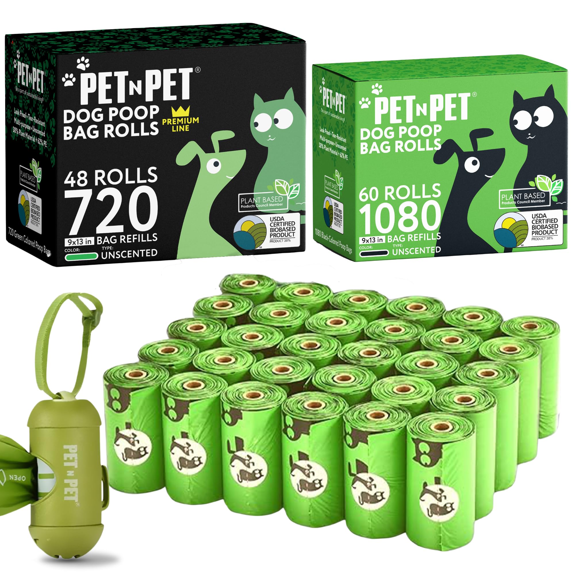 Premium PET N PET Dog Poop Bags - 1800 Count (60 Rolls + 720 Refills) with Free Poop Bag Holder | 9x13 Inch Large Waste Bags for Small, Medium & Large Dogs | Perfect for Walks, Parks & Travel
