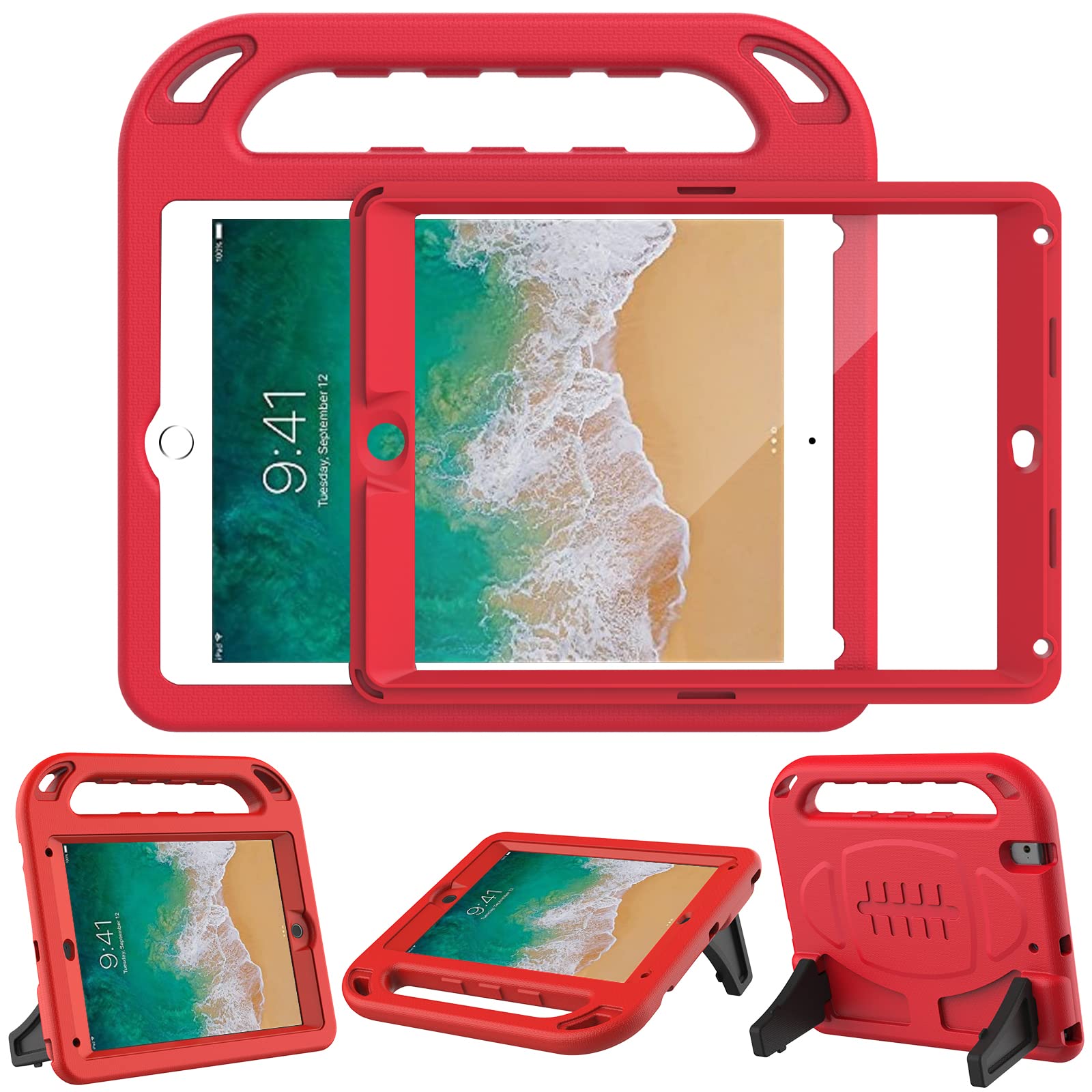 LTROP Shockproof Kids iPad Case for iPad 6th/5th Generation & iPad Air 2 (9.7 Inch 2018/2017) - Built-in Screen Protector with Handle Stand | Durable Protective Cover for Children's iPad 6/5/Air 2 | Perfect for School, Travel & Home Use (Red)