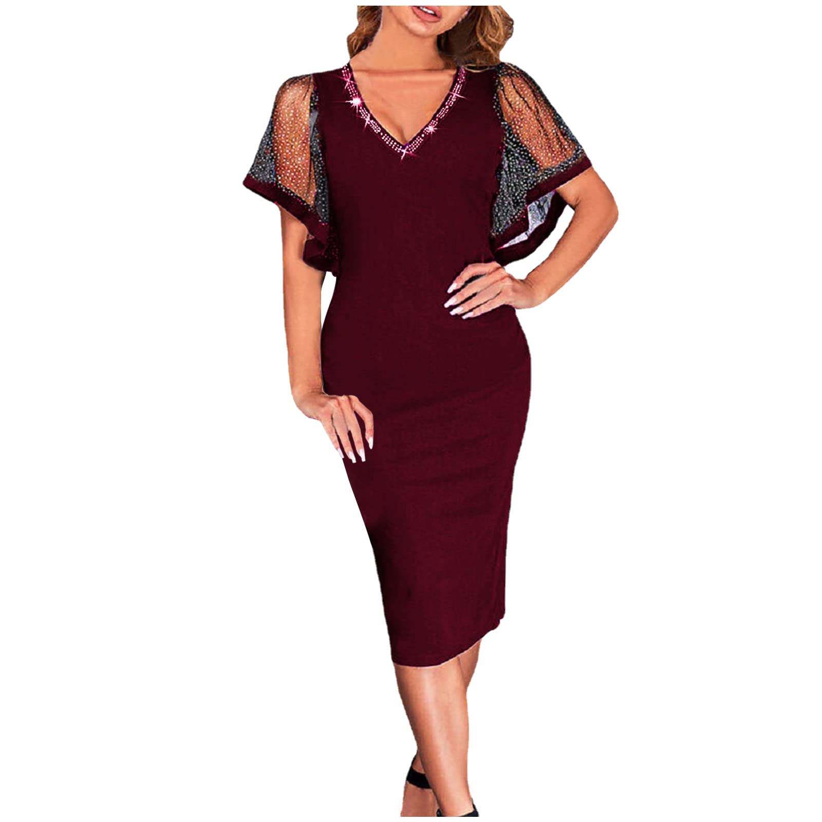 Sheer Lace Midi Dress for Women - Elegant V-Neck Short Sleeve Bodycon Wedding Guest Dress | Perfect for Cocktail Parties, Date Nights & Special Occasions