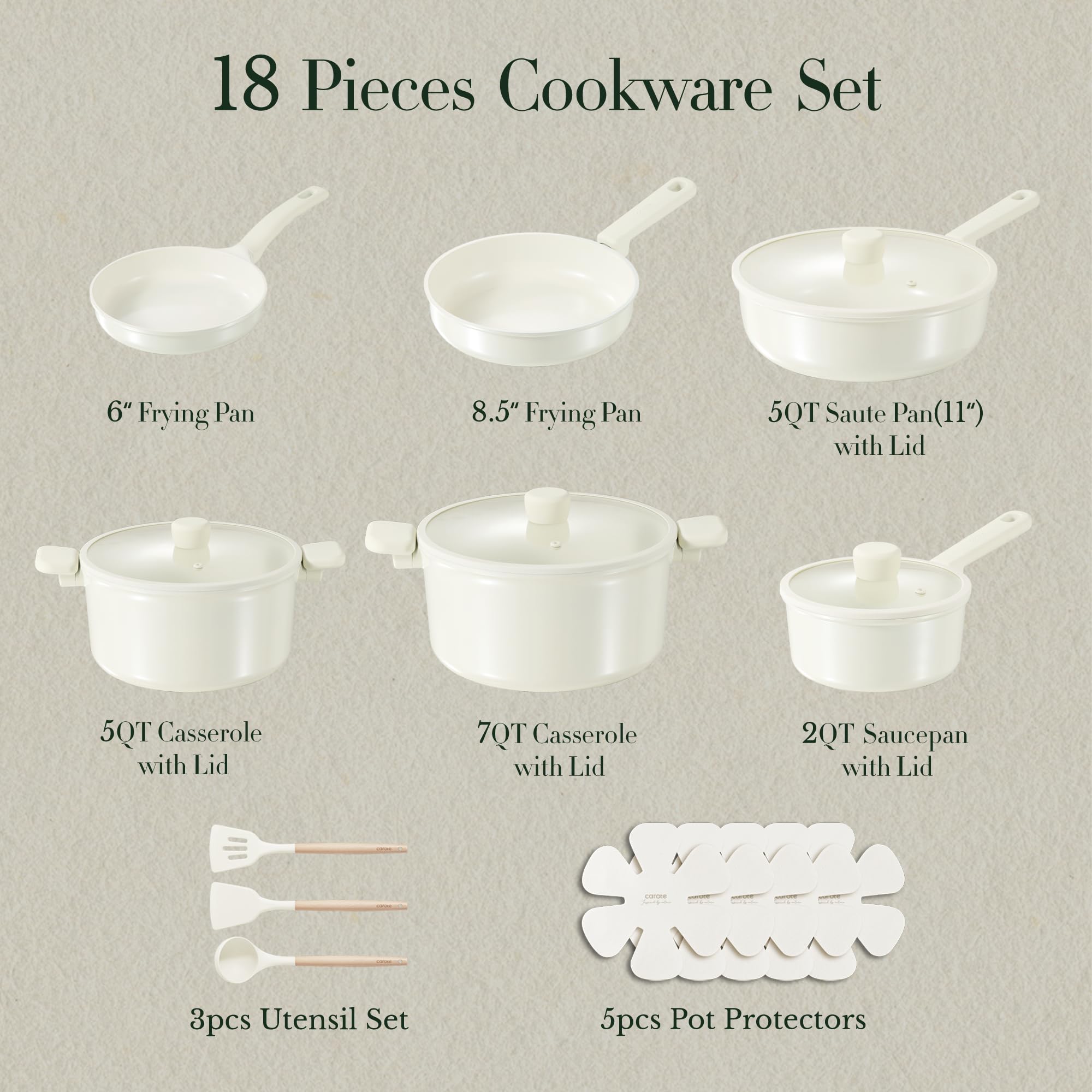 CAROTE 18-Piece Nonstick Ceramic Cookware Set - PFAS/PFOA Free, Non-Toxic Pots and Pans Set with Large Capacity - Perfect for Healthy Cooking, Baking & Family Meals | Cream White Kitchen Essentials