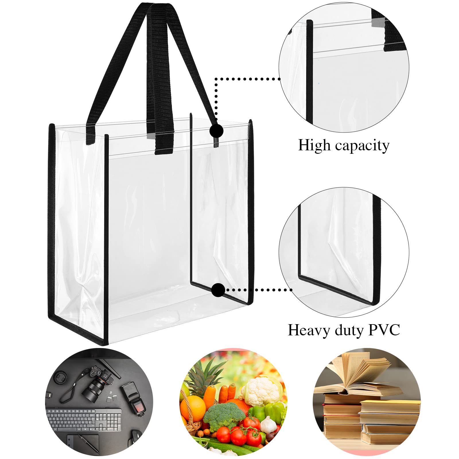 30 Pack Clear Stadium Approved Tote Bags - 10x10x4 Inch Plastic Gift Bags with Handles for Women, Sports & Gym - Perfect for Concerts, Beach Trips & Shopping (Black)