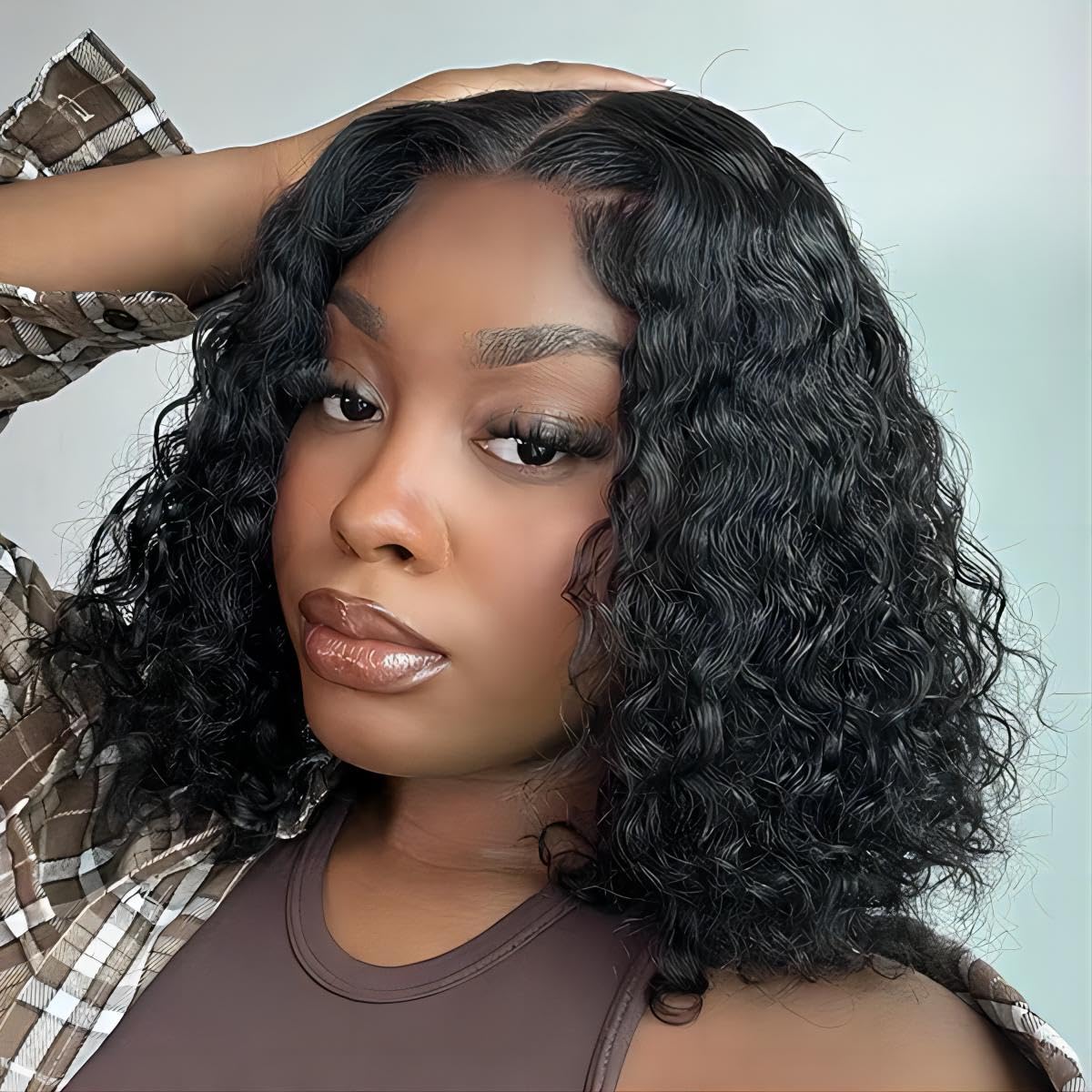 ISEE Glueless Wigs for Women - 12 Inch Human Hair Bob Wigs with Pre Plucked Water Wave & Transparent Lace Front | No Glue Needed, Natural Black | Perfect for Daily Wear, Parties & Protective Hairstyles
