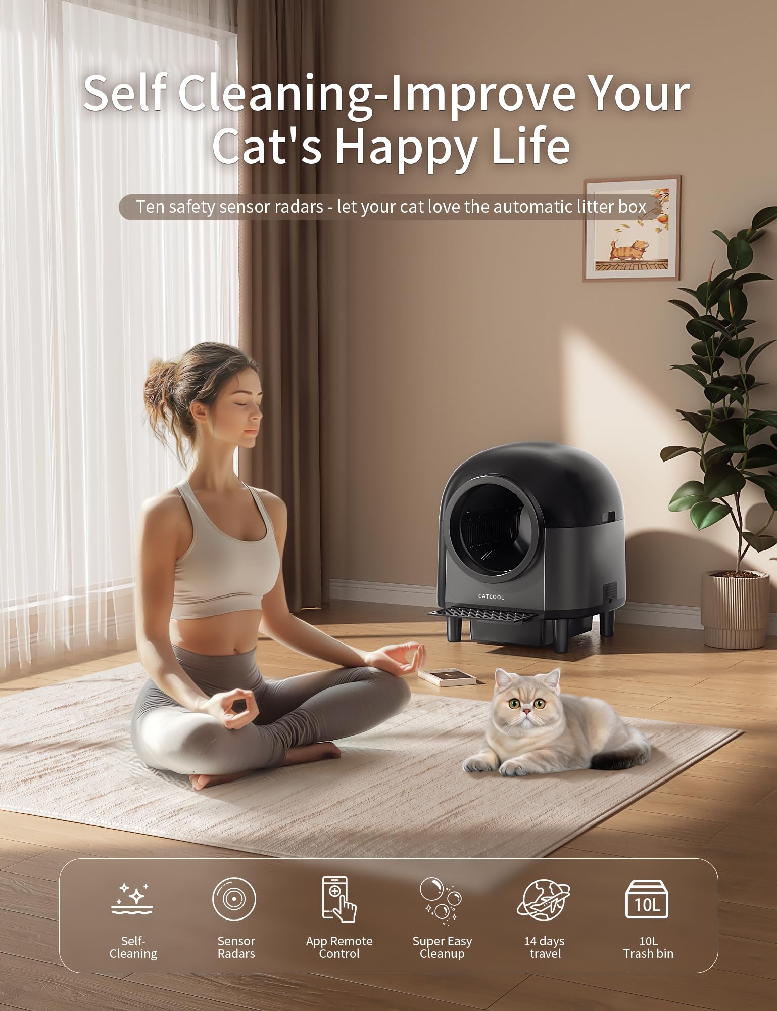 Automatic Self-Cleaning Cat Litter Box with 10 Safety Sensor Radars - 100L Electric Smart Litter Box for Multiple Cats, APP-Controlled with Advanced Odor Control & Stairs (OMCPET-BLACK) - Perfect for Busy Pet Owners & Multi-Cat Households
