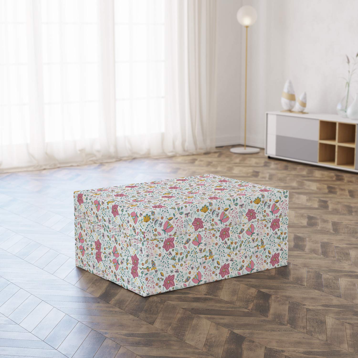 Ambesonne Floral Foldable Mattress - Pink Multicolor Flowers Berries Leaves Design, 74.8