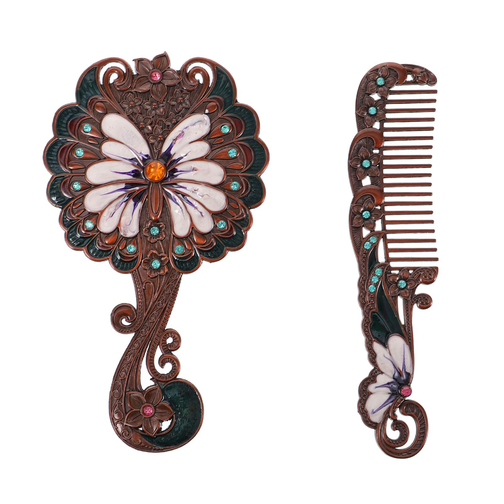 Lurrose 2-Piece Antique Mirror Comb Set - Vintage Handheld Makeup Mirror with Metal Butterfly Embossed Comb, Portable Travel Cosmetic Mirror for Women, Girls & Kids (Red) - Perfect for Home Vanity, Travel & Gift Giving