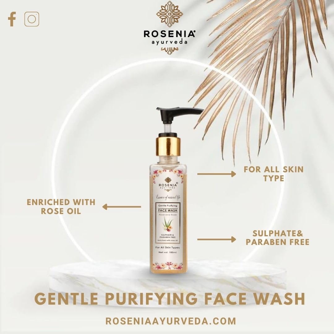 Rosenia Ayurveda Gentle Purifying Face Wash with Orange, Aloe Vera, Lemon & Rosewater - 100ml | Natural Cleanser for Daily Skincare & Acne-Prone Skin