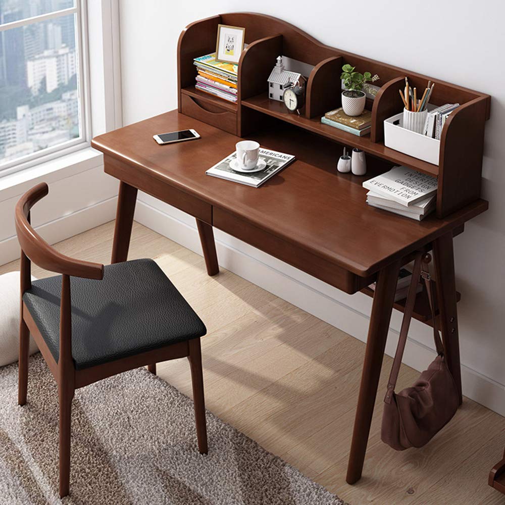 Solid Wood Computer Desk with Storage Rack & 2 Drawers - Compact Study Desk for Students, Home Office Workstation with Open Shelf - Perfect for Small Spaces, Dorm Rooms & Remote Work Setup