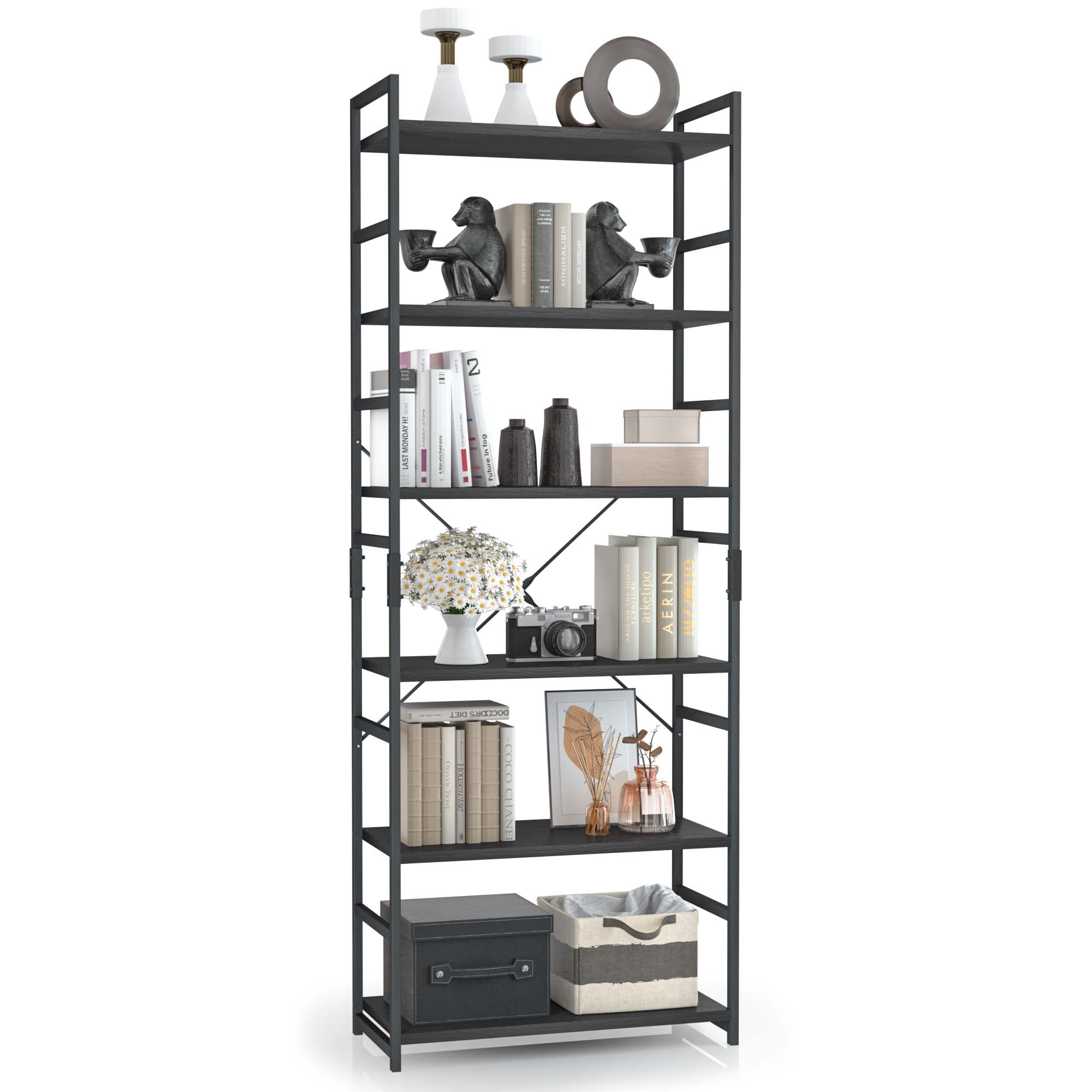 6-Tier Adjustable Bookshelf - Tall Modern Bookcase for Office, Living Room & Bedroom - Heavy Duty Storage Organizer with Versatile Shelving - Perfect for Home Office, Study & Library Organization (Black)