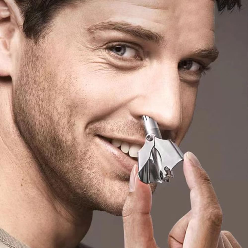 Stainless Steel Manual Nose Hair Trimmer for Men & Women - 12 Teeth V Blade, Waterproof, Painless, Battery-Free Nasal Hair Clipper with Cleaning Brush & Travel Case - Perfect for Travel, Grooming, and Personal Care