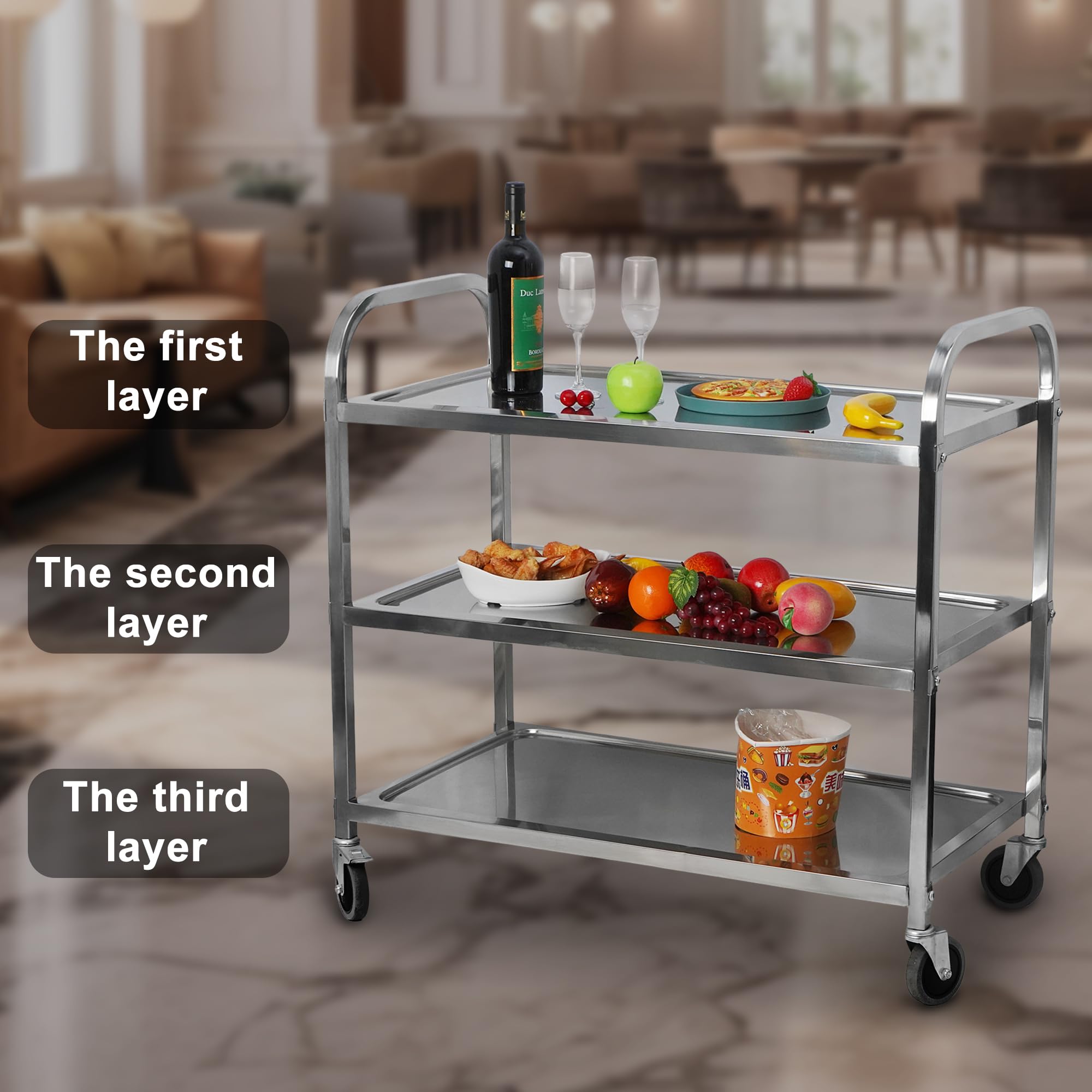 3-Tier Stainless Steel Utility Cart with 360° Swivel Wheels - Heavy Duty Industrial Serving Cart for Kitchen, Restaurant & Home Use - Perfect for Food Service, Hotel Storage & Mobile Workstation