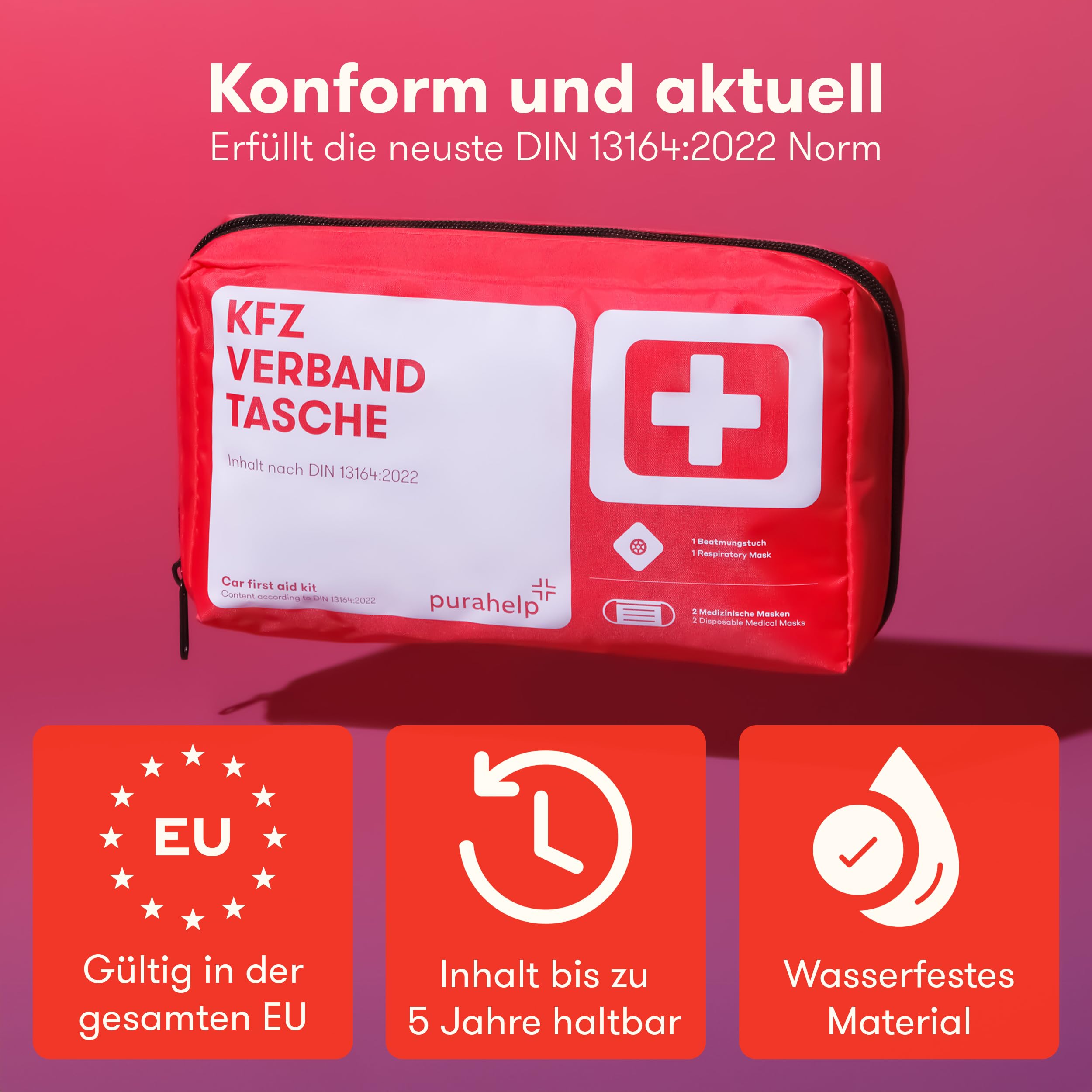 PURAHELP First Aid Kit for Car - 2025 DIN 13164 & StVO Compliant Emergency Medical Kit | Compact Vehicle Safety Kit for Road Trips, Workplace & Home Emergencies