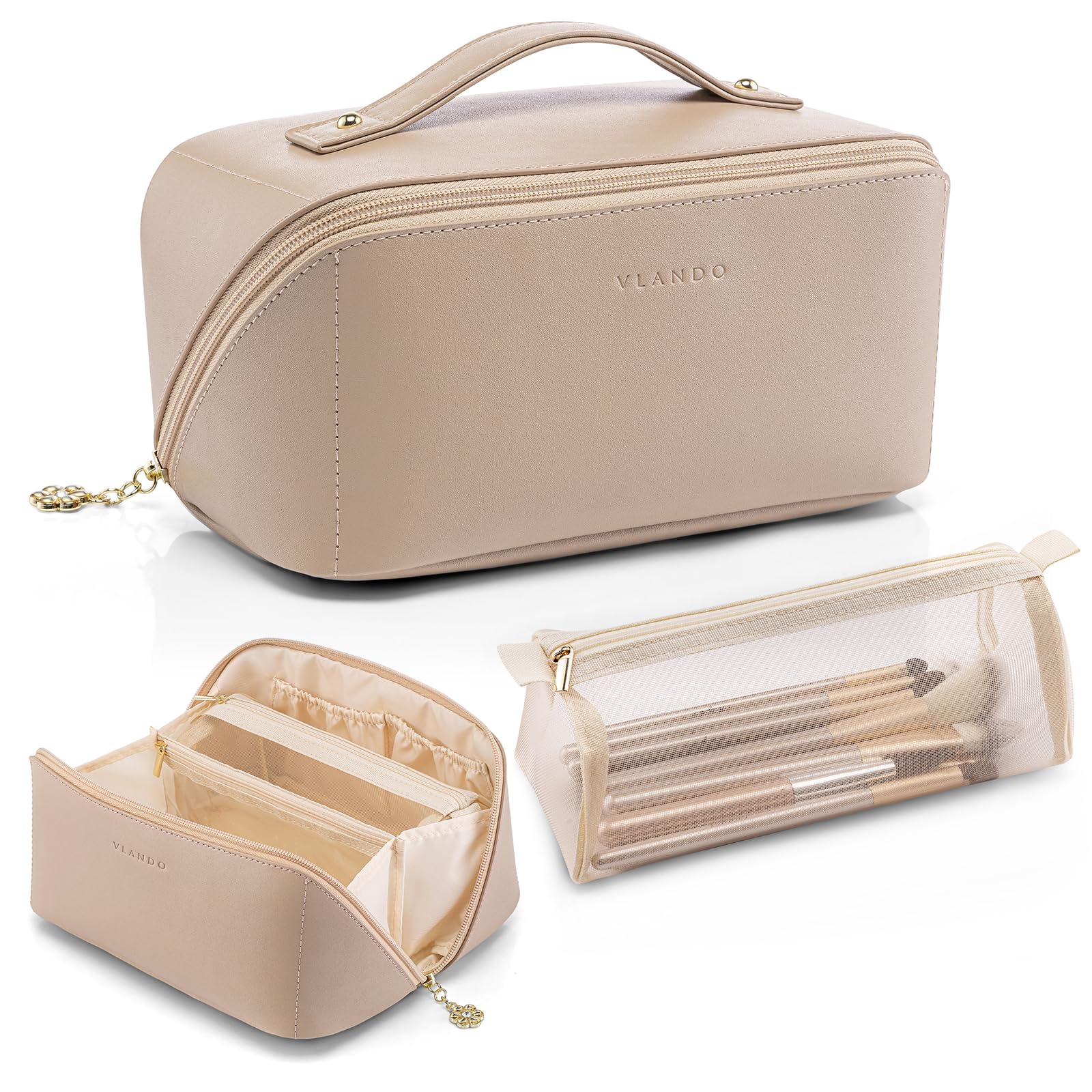 Vlando Waterproof PU Leather Makeup Organizer Bag - Travel Cosmetic Case for Women, Portable Flat Open Makeup Pouch for Essentials | Perfect for Travel, Daily Use & Valentines Day Gifts for Women/Mom (Toffee)