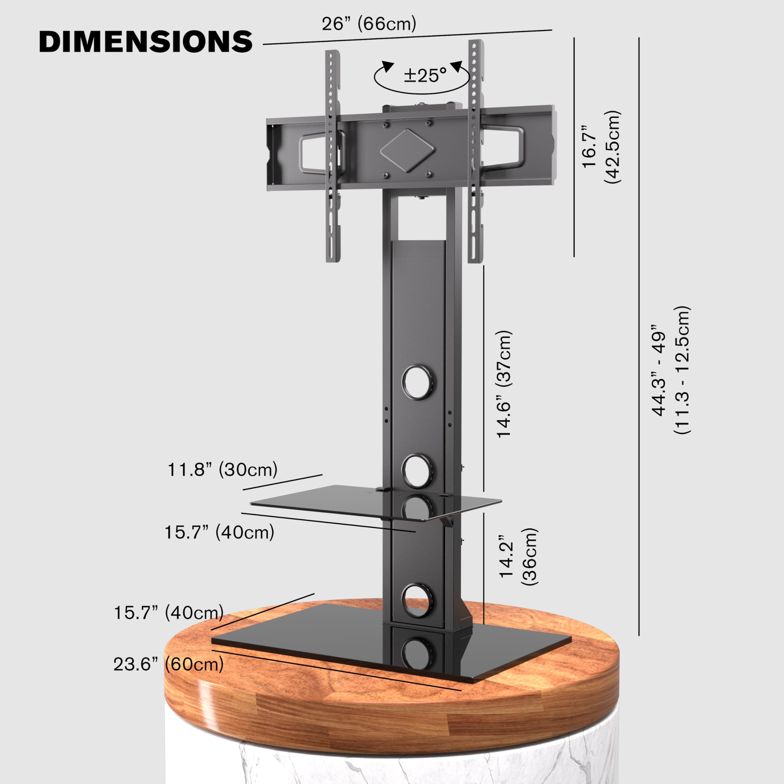 ProMounts Universal Swivel Floor TV Stand for 37-72 Inch TVs - Heavy Duty Adjustable TV Mount with Shelves (±25° Tilt) - Supports up to 110 lbs - Perfect for Living Rooms, Bedrooms & Home Theaters