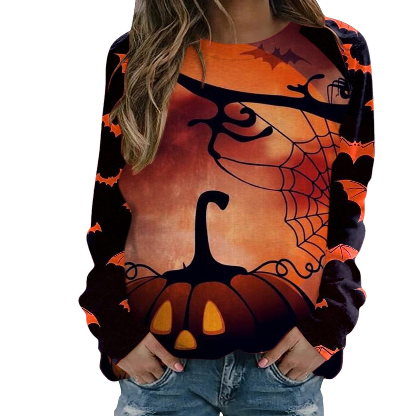 **Halloween Shirts for Women - Long Sleeve Graphic Tee, Crew Neck Pullover Sweatshirt | Casual Fall & Halloween Outfit, Party Costume, Cozy Lounge Wear**