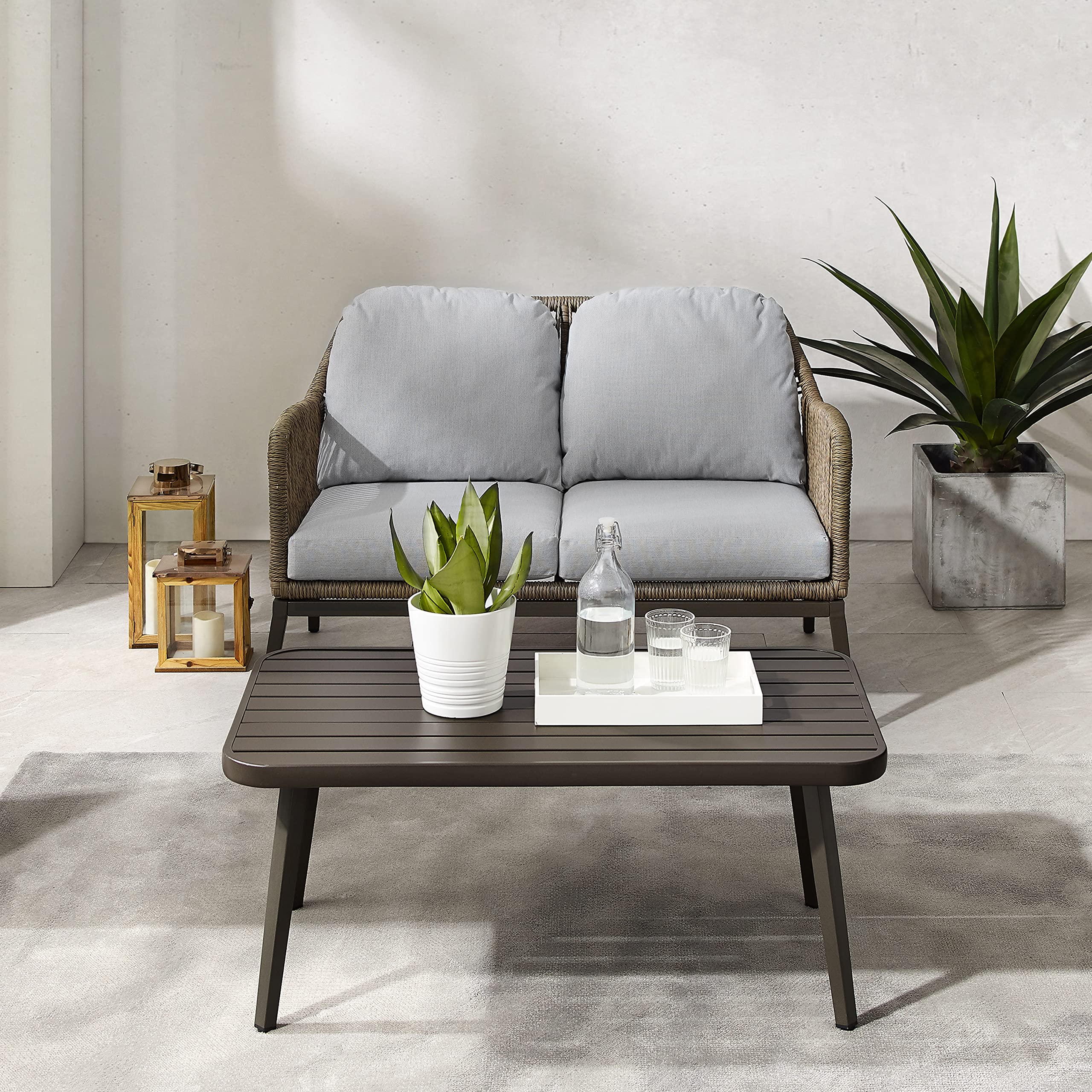 Crosley Furniture Haven 2-Piece Wicker Outdoor Coffee Table and Loveseat Set - Light Brown Patio Furniture with Gray Cushions for Porch, Garden & Backyard Relaxation