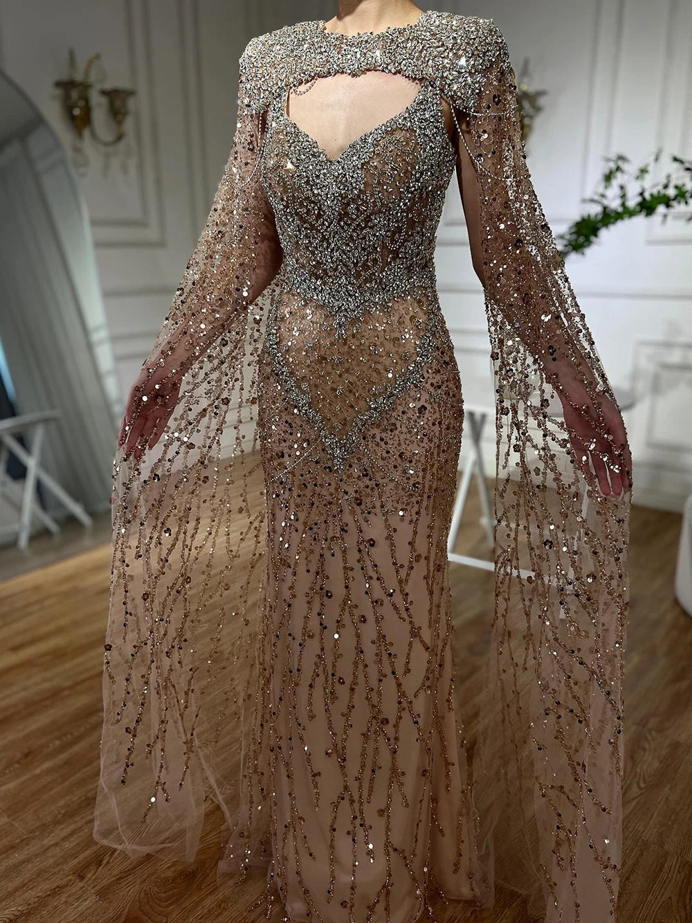 Elegant Nude Mermaid Evening Dress with Beaded Crystal Removable Cape Sleeves - Formal Gown for Prom, Wedding & Red Carpet Events | Serene Hill LA72539
