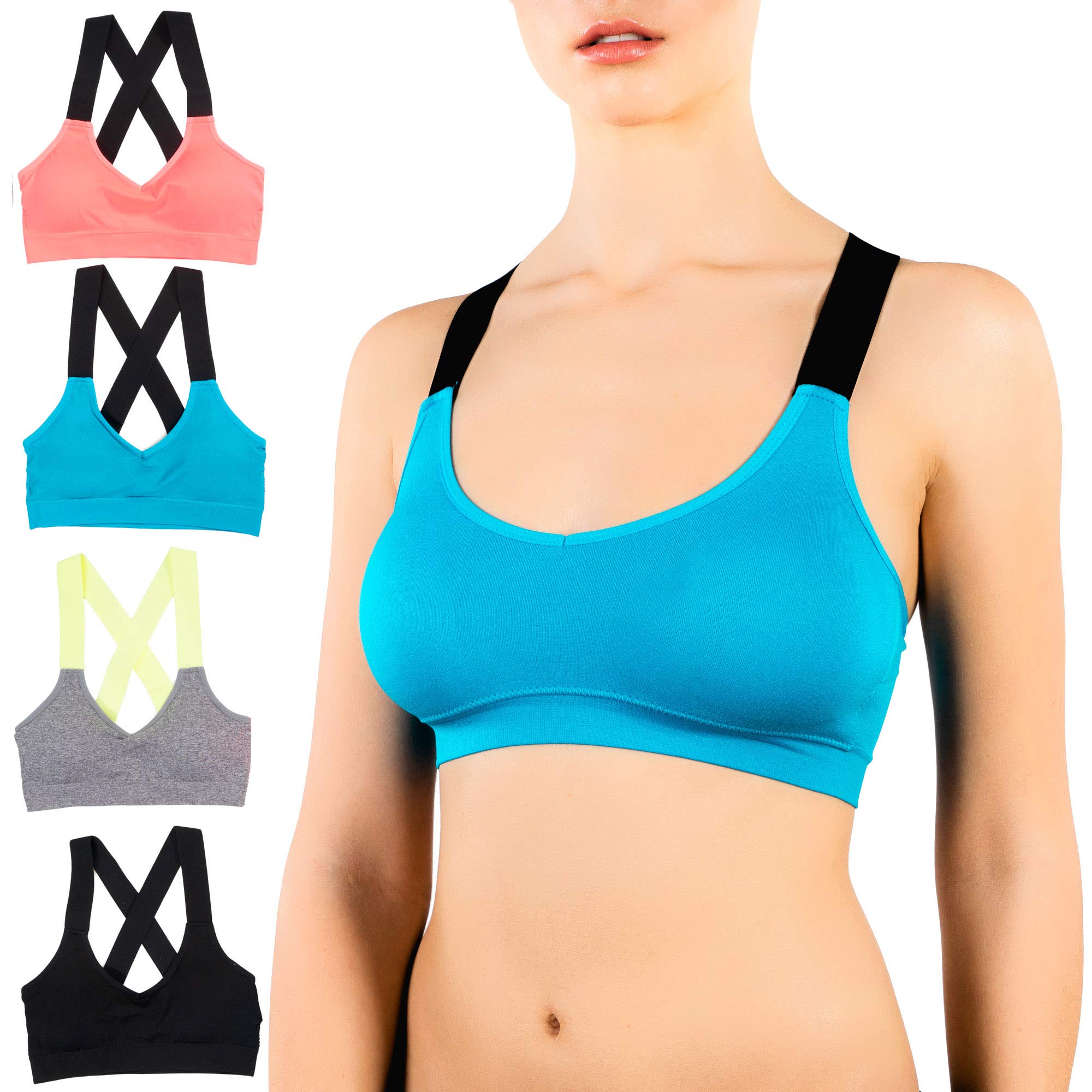 Alyce Ives Women's Wireless Sports Bra 4-Pack - Padded Workout Bras for Gym, Running & Yoga | Comfortable & Supportive Activewear for Fitness & Exercise