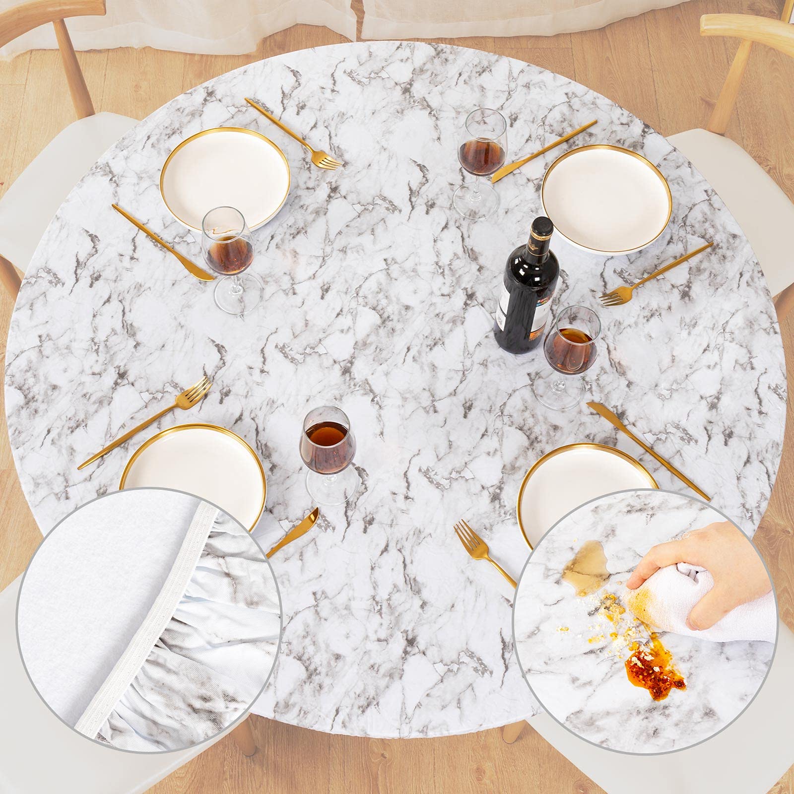 UMINEUX Waterproof Round Fitted Tablecloth with Elastic Edge & Flannel Backing - Wipeable Vinyl Table Cover for Indoor/Outdoor Use - Fits 40