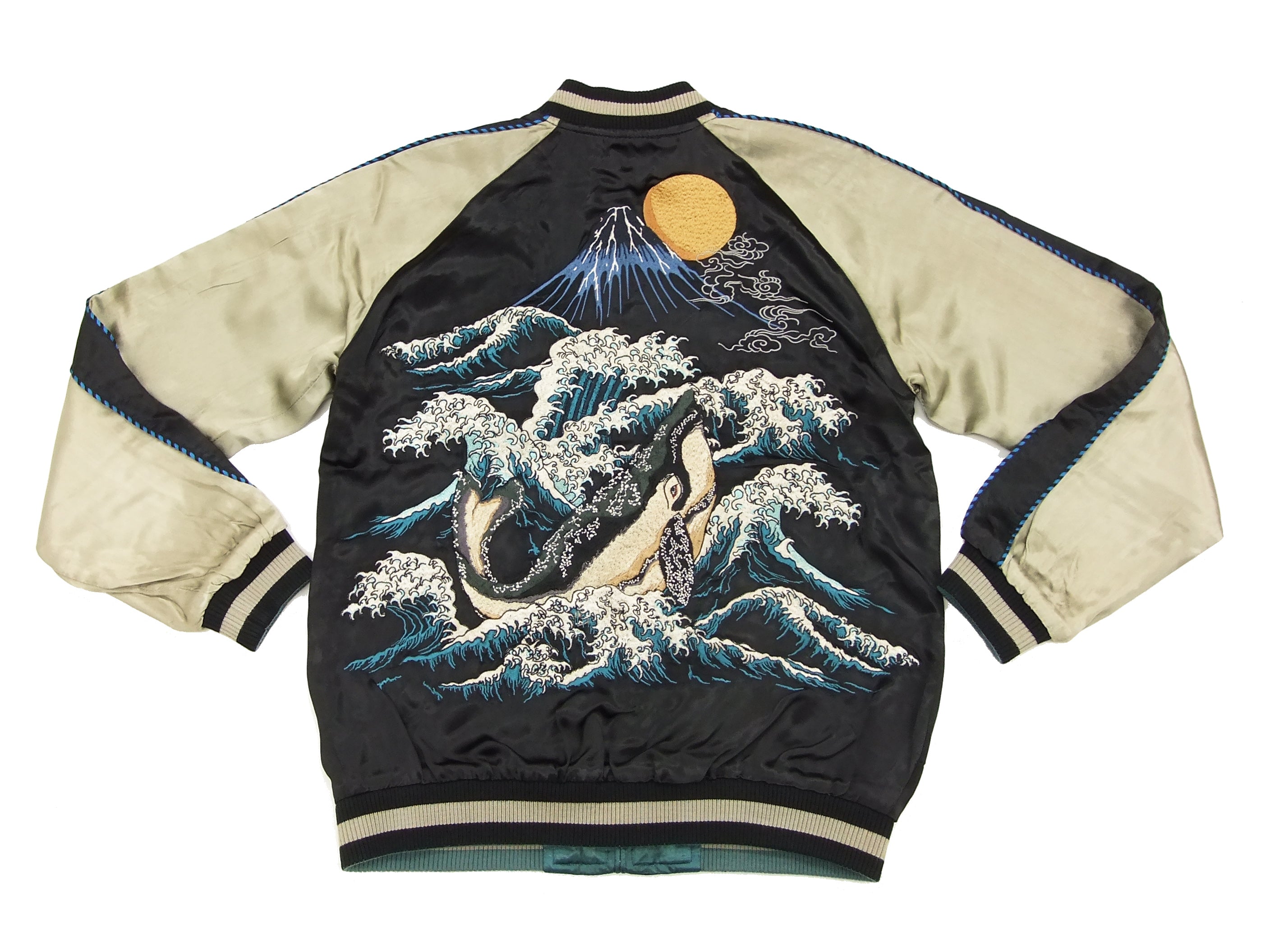 Men's Japanese Souvenir Jacket - Hanatabi Gakudan Sukajan with Whale Art Design SSJ 015 | Vintage Baseball Jacket for Streetwear & Casual Outfits