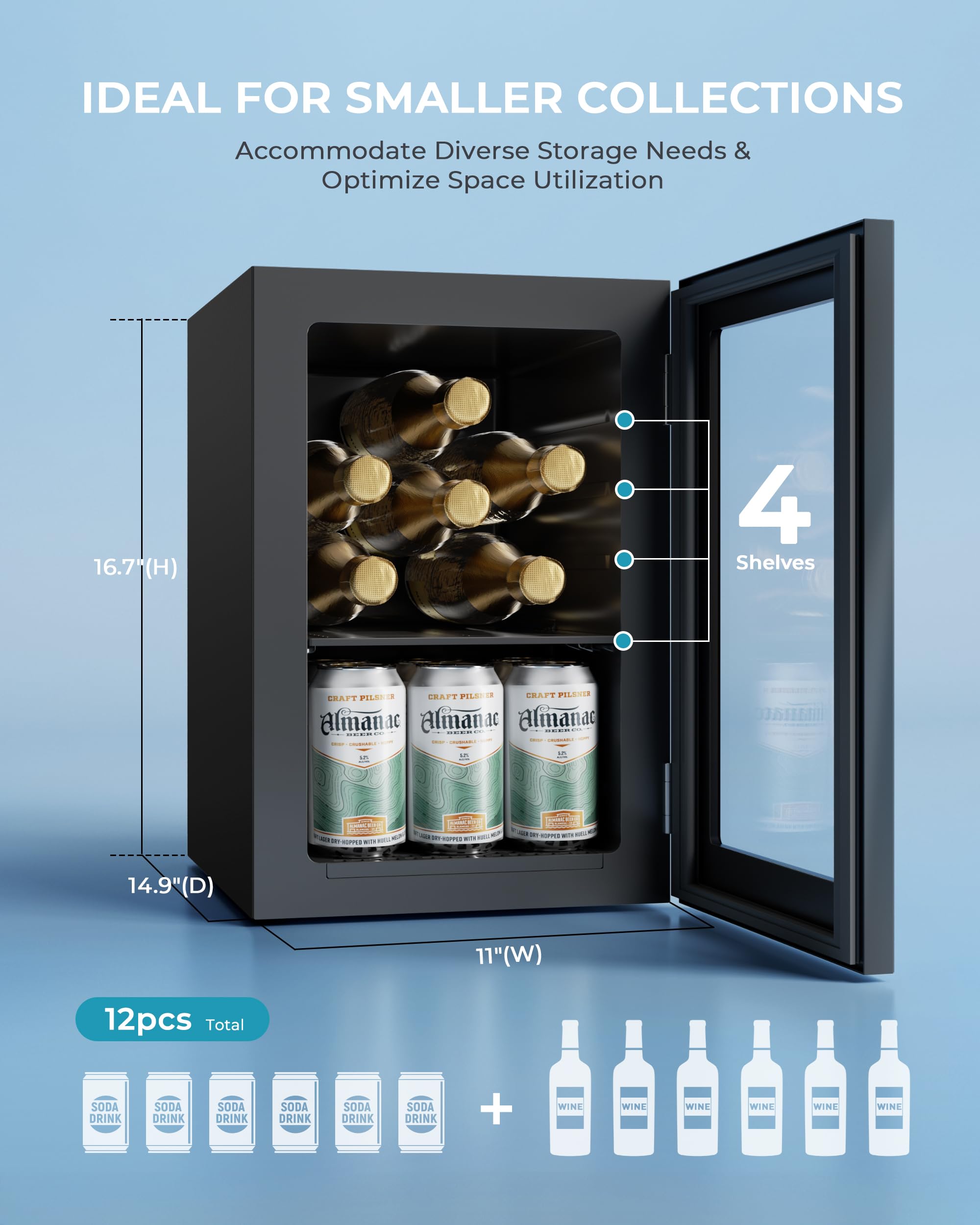 EUHOMY 6 Bottle & 6 Can Countertop Wine Cooler Refrigerator with Glass Door - 37°F-57°F Adjustable Temperature, Advanced Cooling Technology, Removable Shelves for Home, Kitchen, Office | Perfect for Storing Wine, Beer, and Beverages in Small Spaces