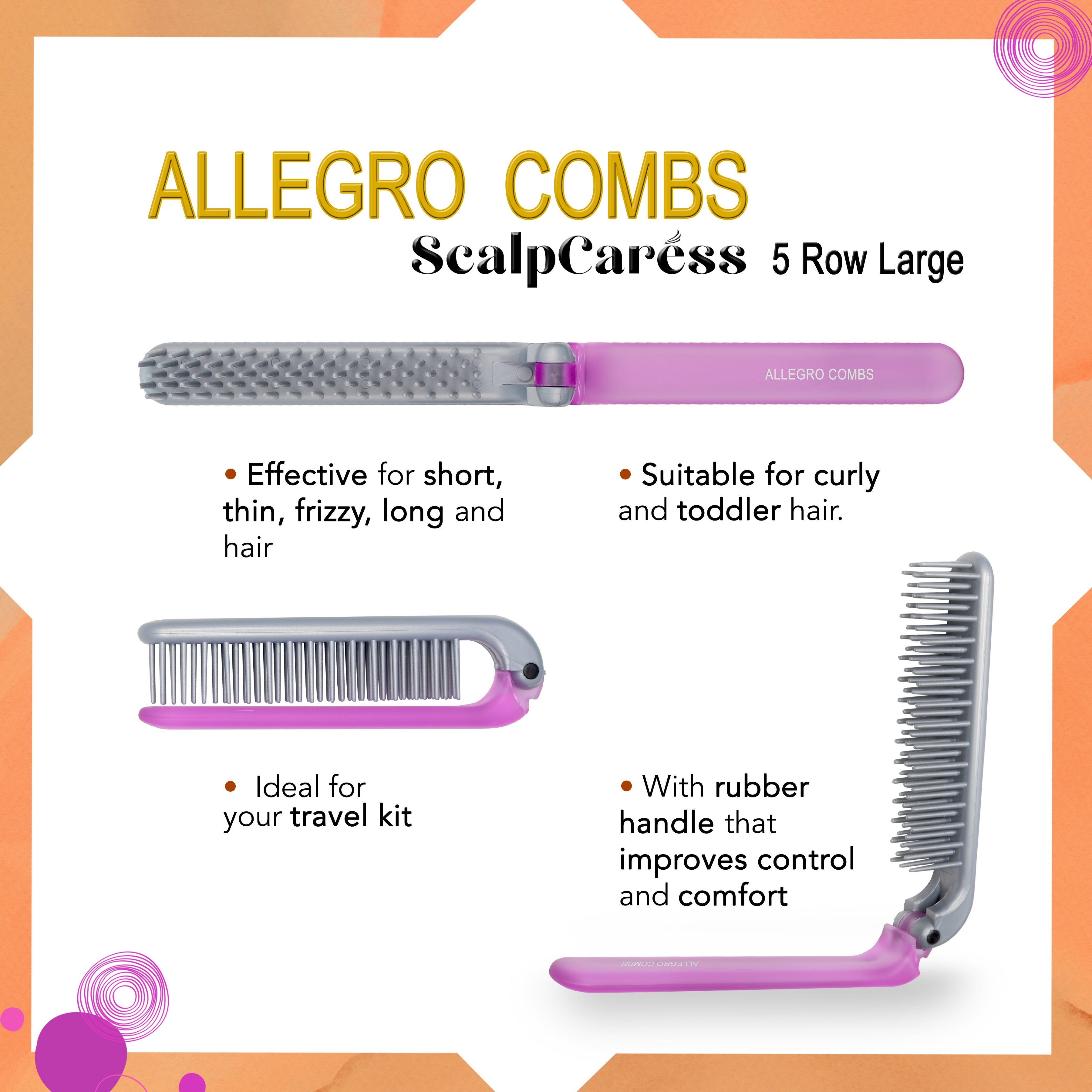 Allegro Combs ScalpCaress Mini Foldable Hairbrush - Portable Travel Hair Brush for Detangling & Scalp Massage - Perfect for Purse, Gym Bag & On-the-Go Styling