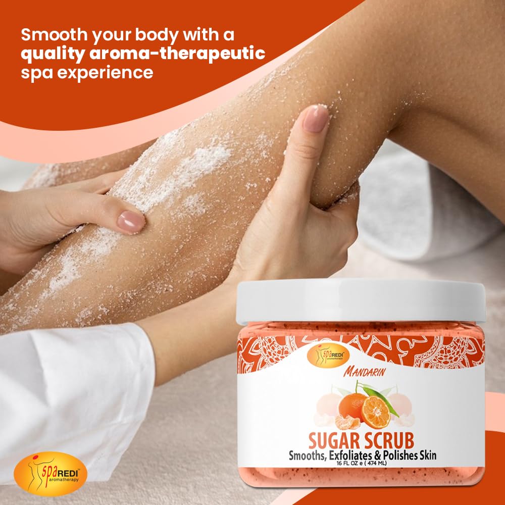 SPA REDI - Mandarin Sugar Body Scrub 16 Oz - Exfoliating & Moisturizing Body Polish for Smooth, Glowing Skin - Hydrating & Nourishing Skin Care - Perfect for Spa Day, Self Care & Dry Skin Treatment