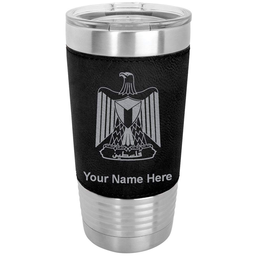 LaserGram 20oz Vacuum Insulated Stainless Steel Tumbler Mug with Palestine Flag Design - Personalized Engraving, Faux Leather Handle, Black - Perfect for Coffee, Tea & Cold Drinks at Home, Office or Travel