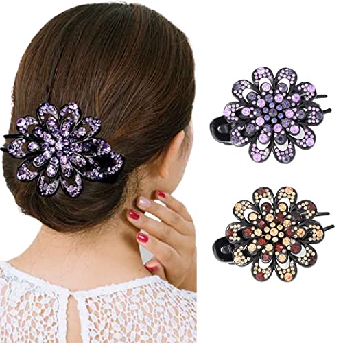 Bartosi Crystal French Hair Barrettes - Rhinestone Hair Clips with Flower Design, Elegant Hairpins for Women & Girls (Pack of 2) | Perfect for Weddings, Parties & Everyday Style