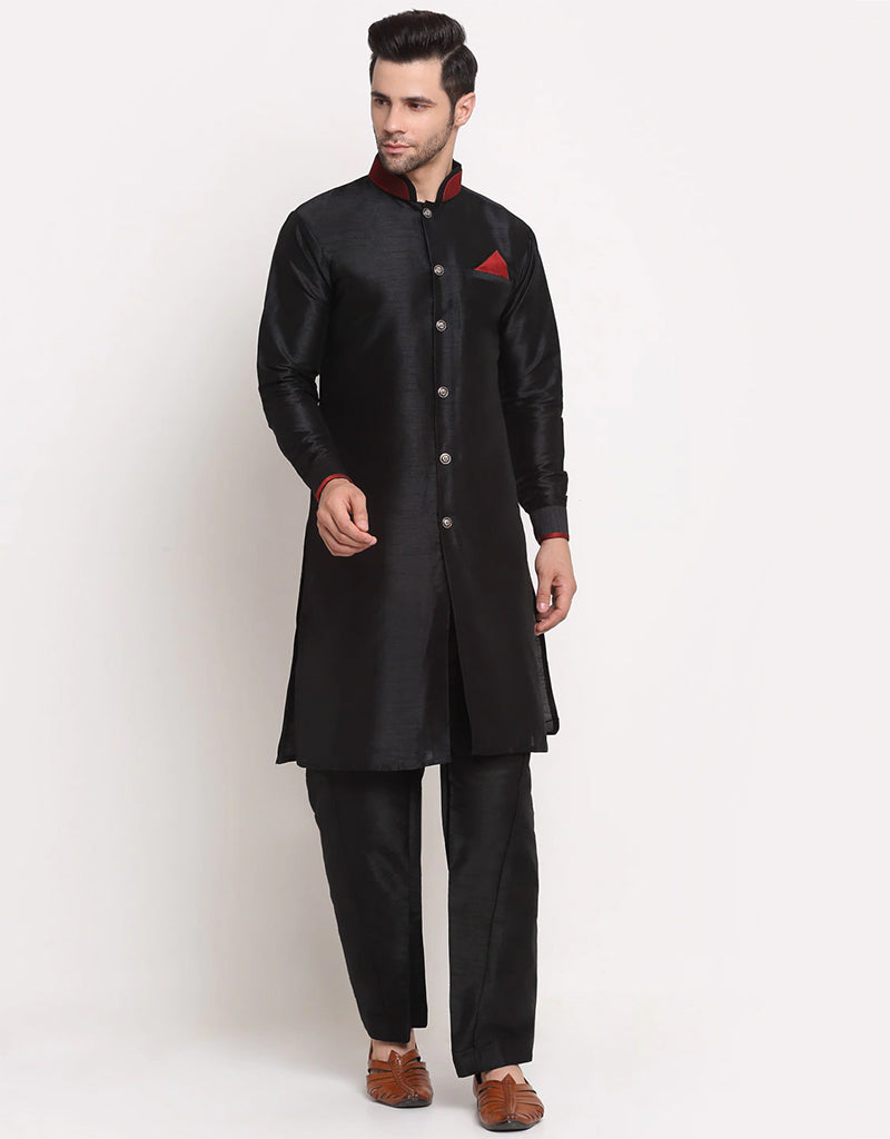 Black Kurta Dhupion Silk Pajama Set for Men - Traditional Indian Ethnic Wear for Festivals, Weddings & Special Occasions