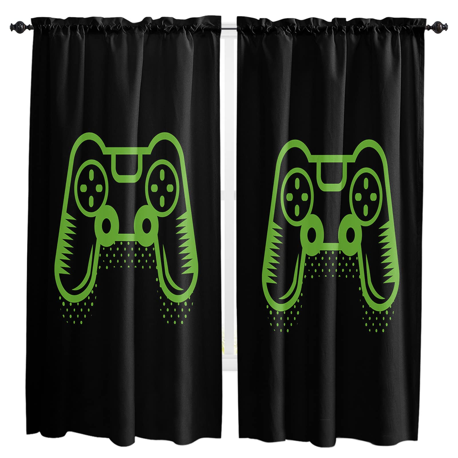 72 Inch Gaming Window Curtains - 2 Panels Green Video Game Controller Design Blackout Drapes for Kids Room, Living Room & Cafe | 104x72 Inch Pocket Rod Panel Curtains for Bedroom & Game Room Decor