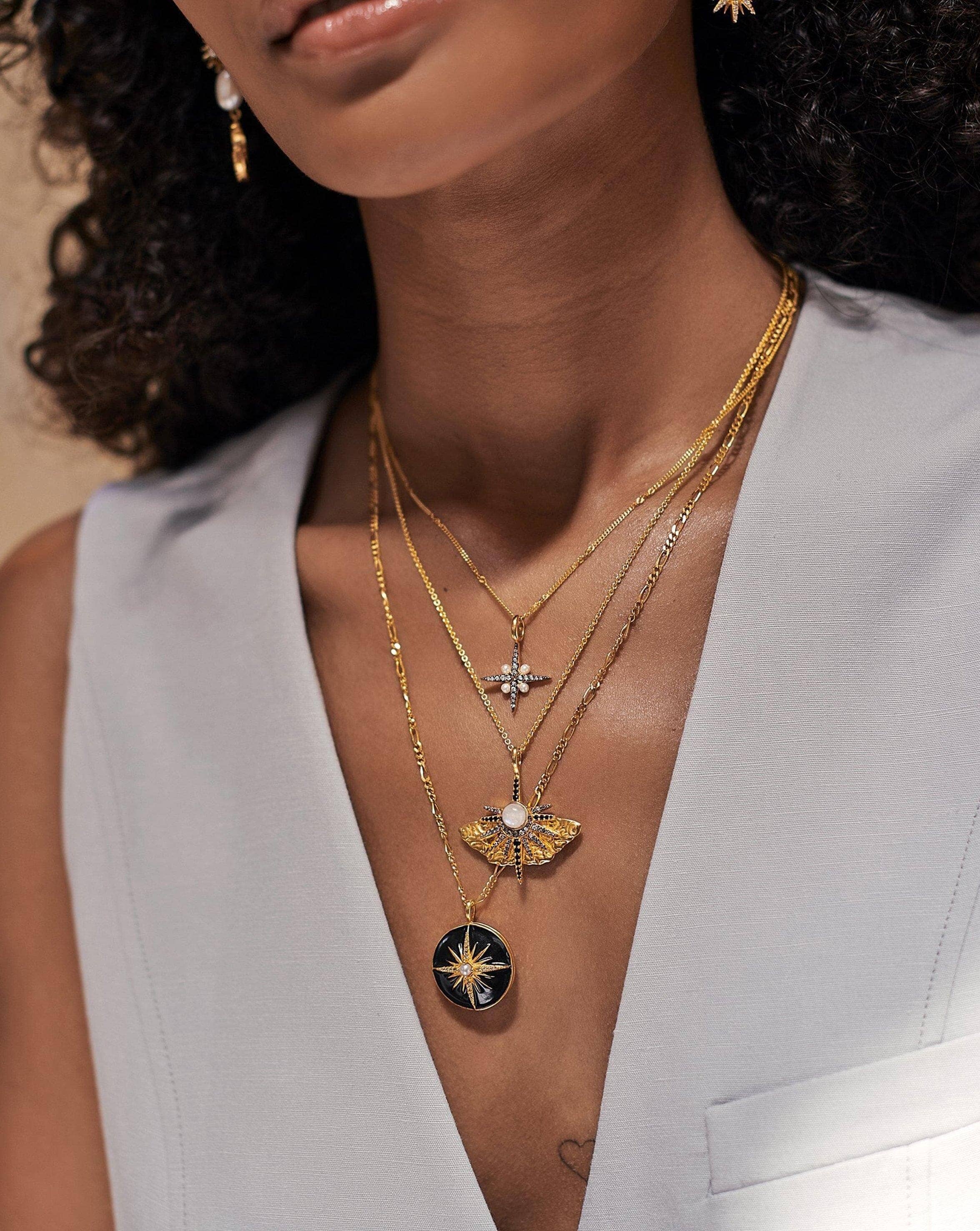 Harris Reed Rising Star Locket Necklace - 18k Gold Plated with Pearl & Black Enamel | Elegant Jewelry Gift for Women, Perfect for Weddings, Anniversaries and Special Occasions