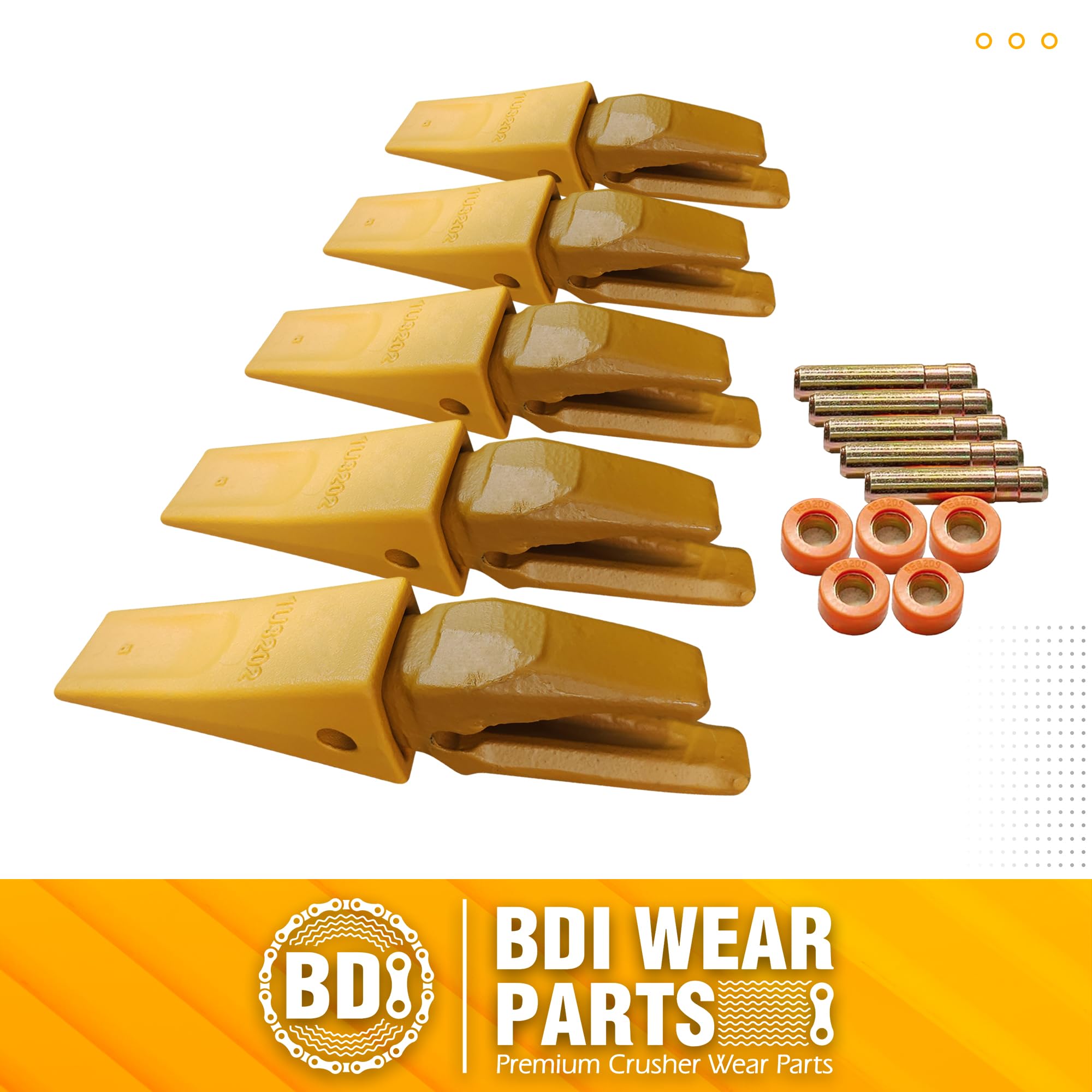 BDI Wear Parts Assembly Adapter 119-3204 Bolt-On Shank & 1U3202 Excavator Bucket Teeth with Pins 8E6208 & Retainers 8E6209 - J200 Series Bucket Tooth Kit (5-Pack) for Heavy-Duty Digging and Construction Equipment