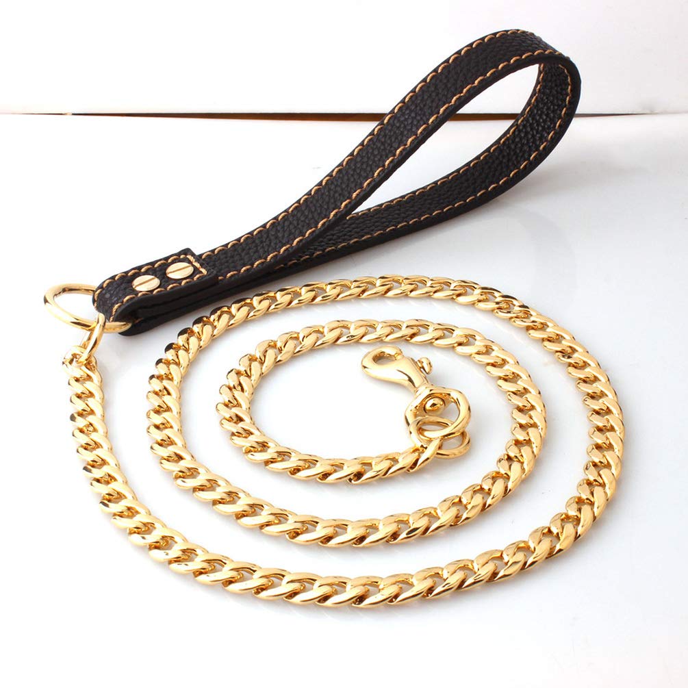 Premium Heavy Duty Dog Leash with Soft Padded Leather Handle & Gold Stainless Steel Chain - Strong Traction Rope for Small & Large Dogs - Perfect for Walking, Training & Outdoor Adventures