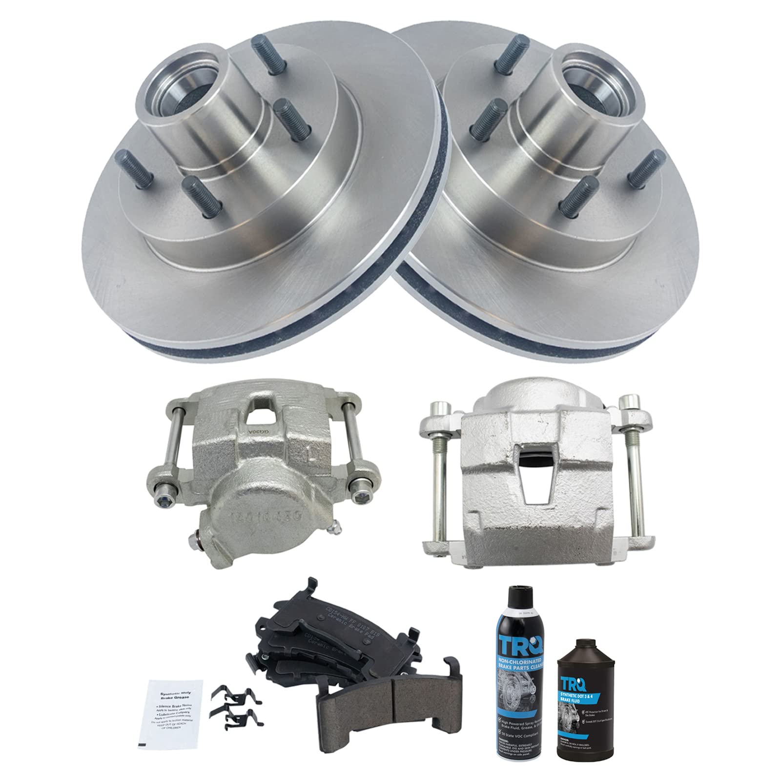 TRQ Front Ceramic Brake Pad, Rotor & Caliper Kit with High-Performance Brake Chemicals - Perfect for Sedans, SUVs and Trucks - Smooth Stopping Power for City Driving & Highway Commutes